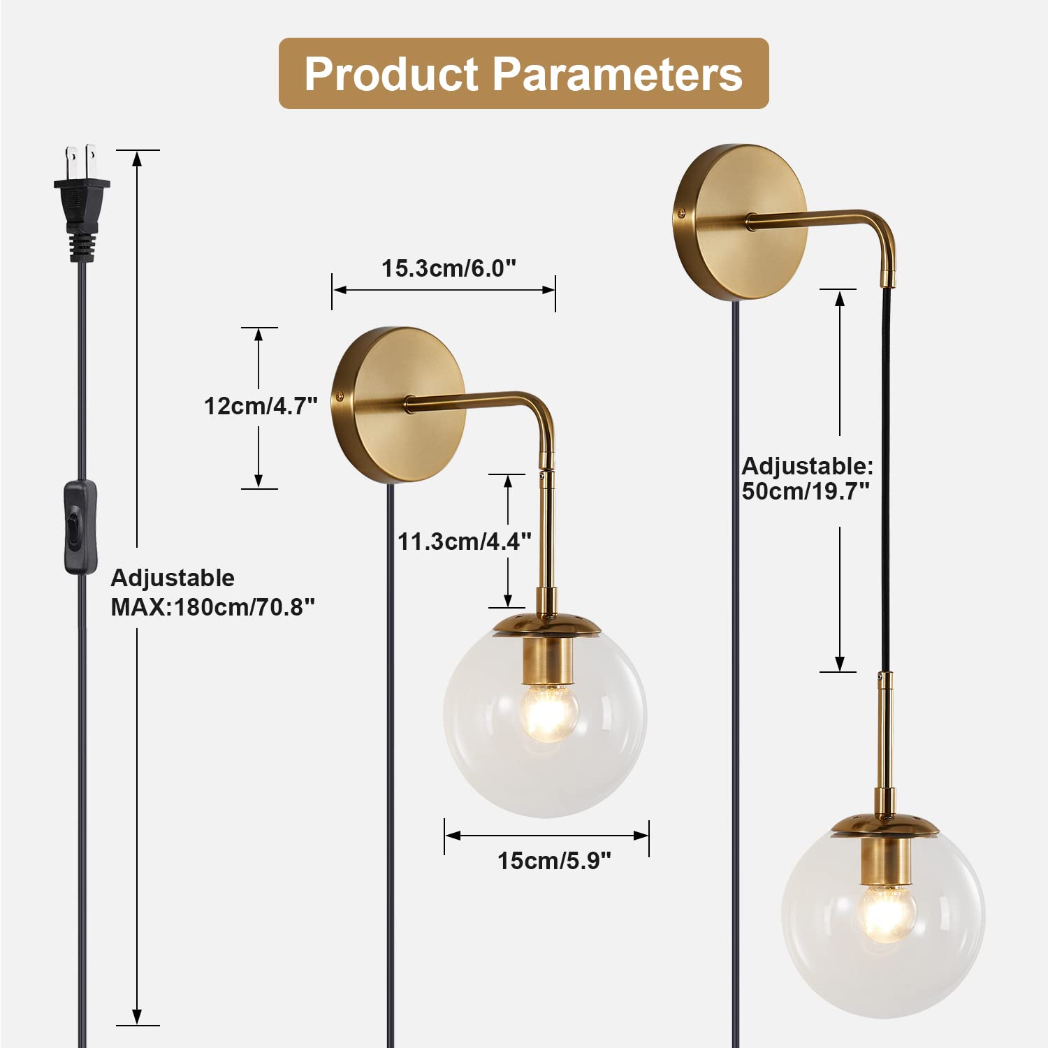 Mid Century Modern Globe Wall Sconce Lighting - Set of 2 Plug-in Brushed Brass Gold Wall Lights with Clear Bubble Glass Ball - Perfect for Bathroom, Bedroom, Hallway & Living Room Decor