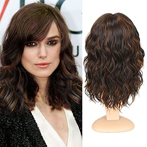 WIGNEE 14 Inch Ombre Brown Curly Bob Wig with Bangs - Natural Wave Synthetic Wigs for Black Women, Shoulder Length with Mixed Brown Highlights | Perfect for Daily Wear, Cosplay & Special Occasions
