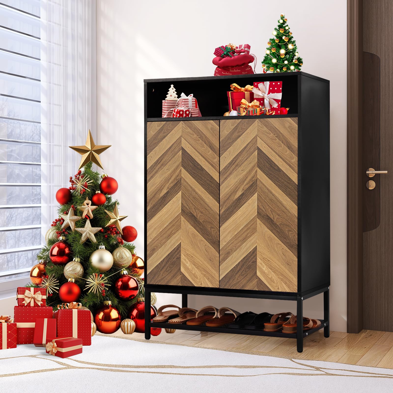 Homdox 7-Tier Shoe Storage Cabinet - Holds 24 Pairs with Doors & 3 Adjustable Shelves, Wooden Shoe Organizer for Entryway, Hallway, Living Room - Perfect for Small Spaces & Home Organization (Black)