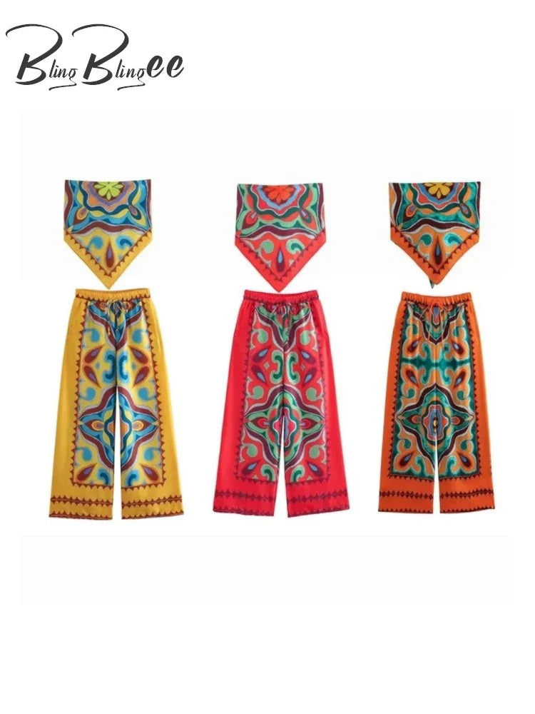 BlingBlingee Summer Printed Women's Wide Leg Pants & Satin Crop Top Set - Y2K Fashion Asymmetric Sleeveless Strapless Outfit for Beach, Party & Casual Wear