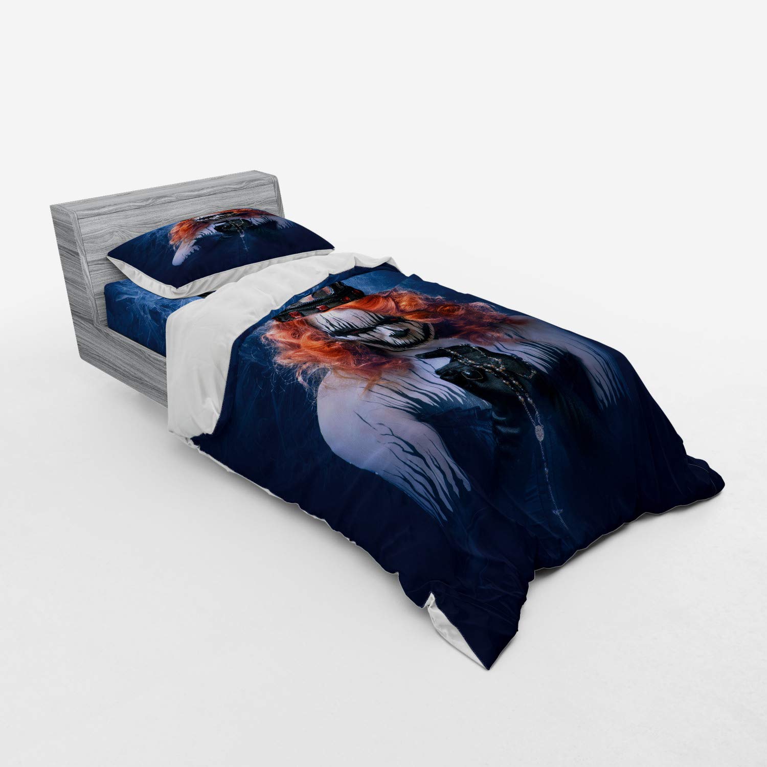 Ambesonne Queen Duvet Cover Set - Gothic Halloween Bedding with Scary Zombie Face Art, 3-Piece Set Includes Sham & Fitted Sheet (Twin Size, Navy Blue/Orange/Black) - Perfect for Spooky Bedroom Decor, Halloween Parties & Horror Theme Rooms