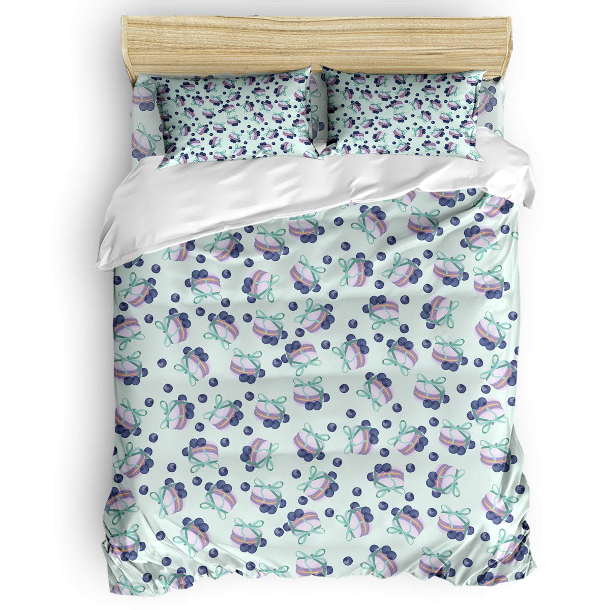USOPHIA Queen Size 4-Piece Bed Sheet Set - Blueberry Macaroon Sweet Cake 3D Floral Printed Duvet Cover | Soft Luxury Bedding for Master Bedroom, Guest Room & Dorm Decor
