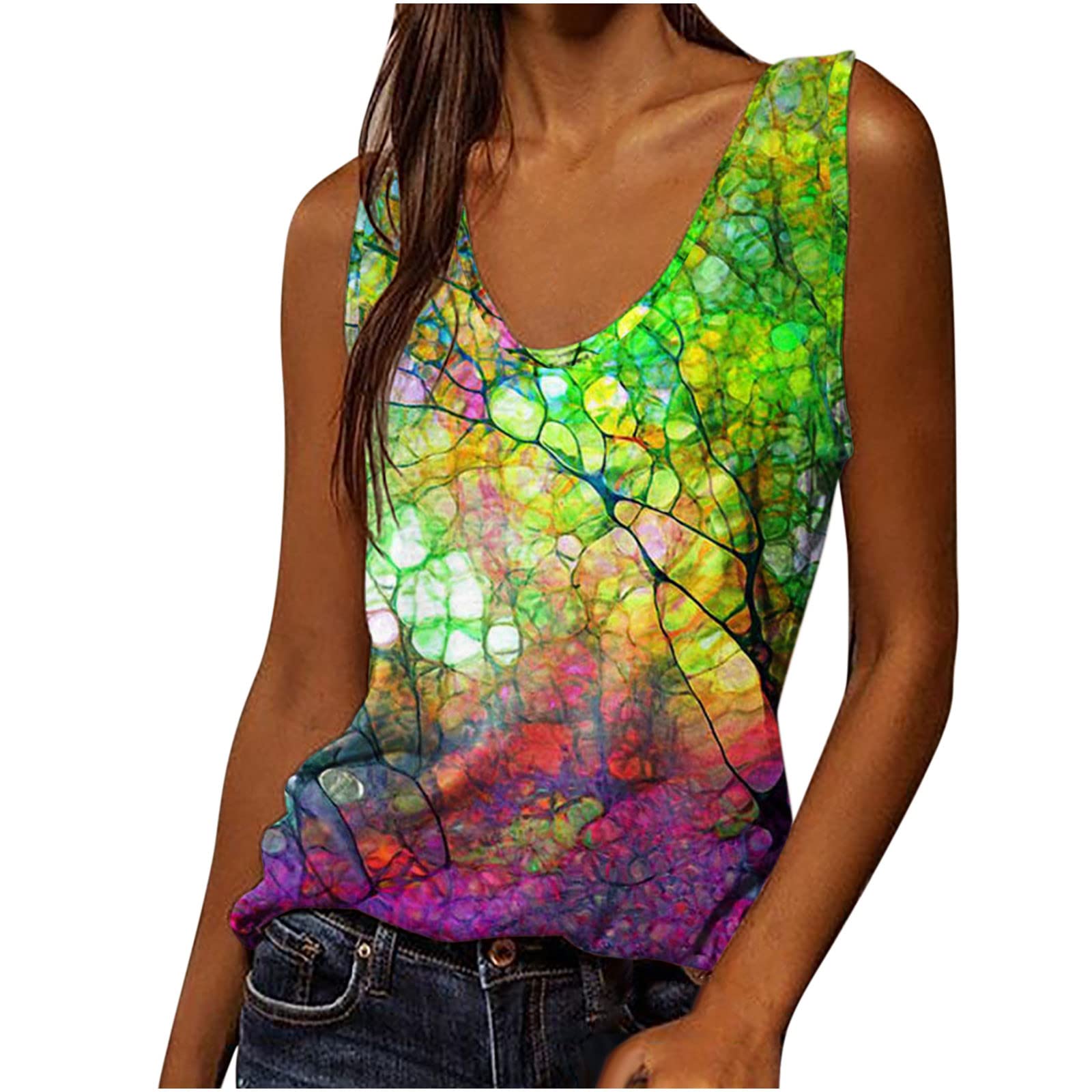 Stylish Women's V-Neck Printed Tank Tops - Plus Size Summer Sleeveless Tees for Casual Wear | Beach Outfits, Vacation Essentials & Everyday Comfort