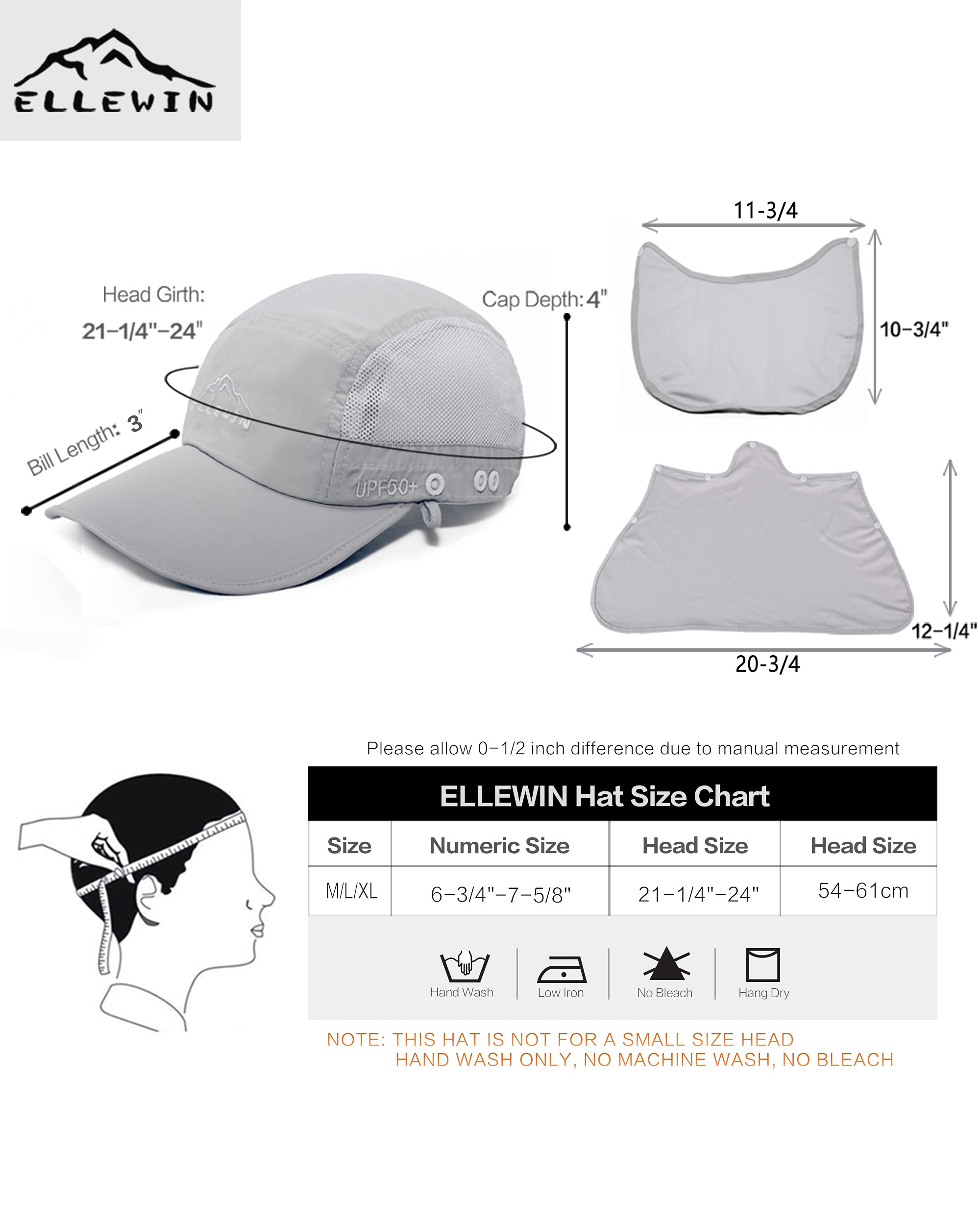 ELLEWIN UPF 50+ Sun Hat for Men & Women - Wide Brim Fishing Hat with Neck Flap & Face Cover - UV Protection Outdoor Hat for Beach, Hiking, Gardening & Summer Activities