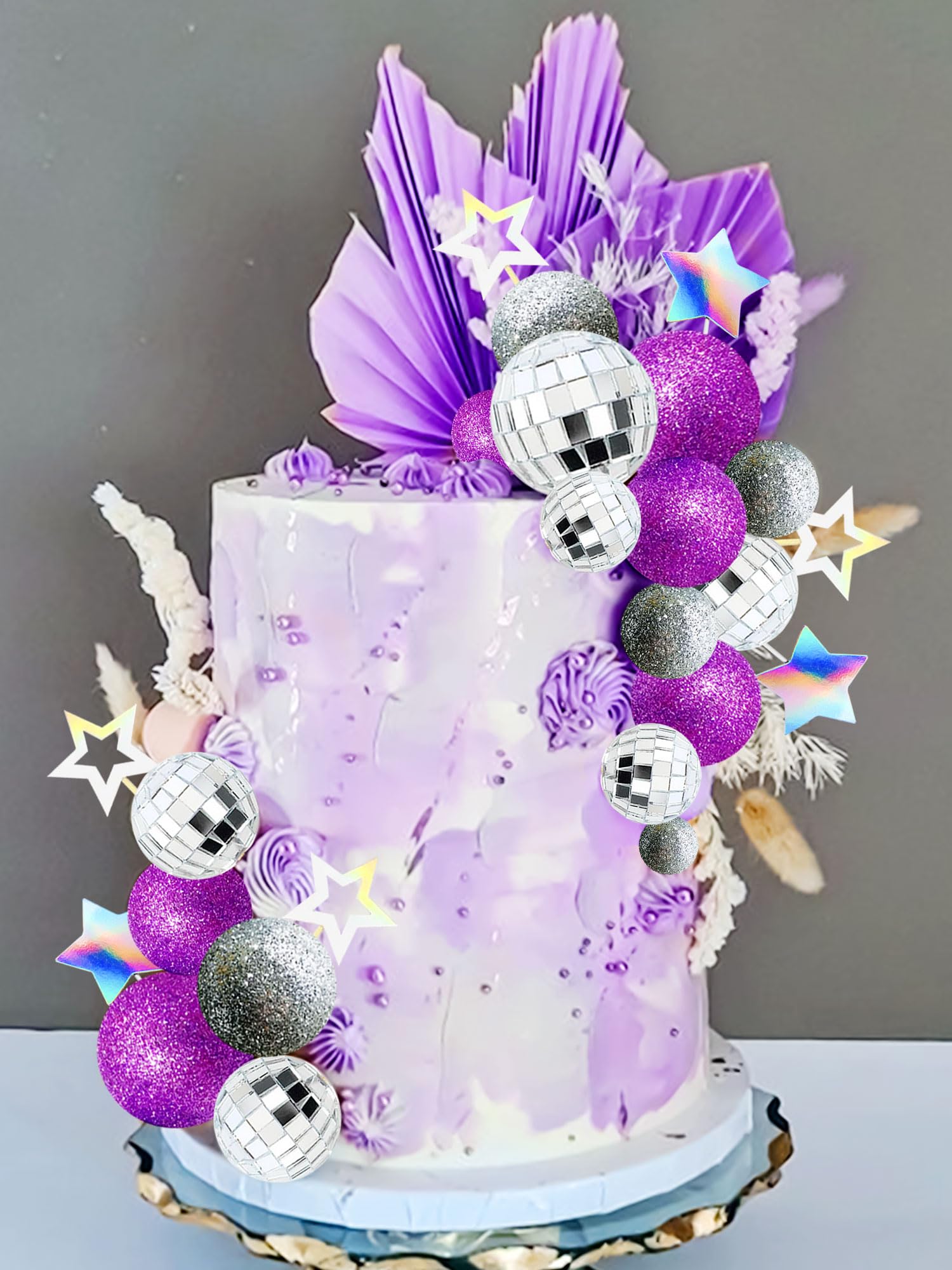 JeVenis Purple Disco Ball Cake Topper - 80s Themed Dancing Queen Birthday Party Decorations - Silver Glitter Cake Balls for Wedding, Bachelorette & Retro Celebrations
