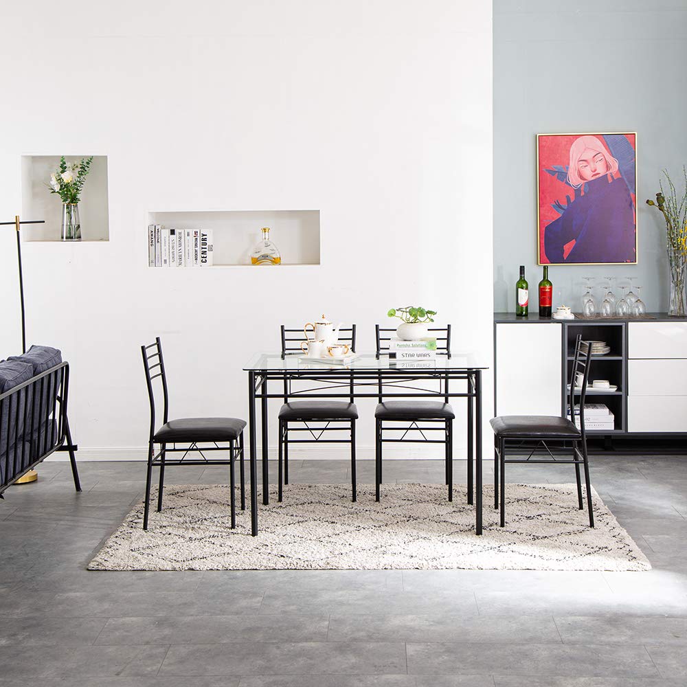 Modern Black Wrought Iron Dining Table Set with Glass Top & 4 PU Cushioned Chairs - 43.31