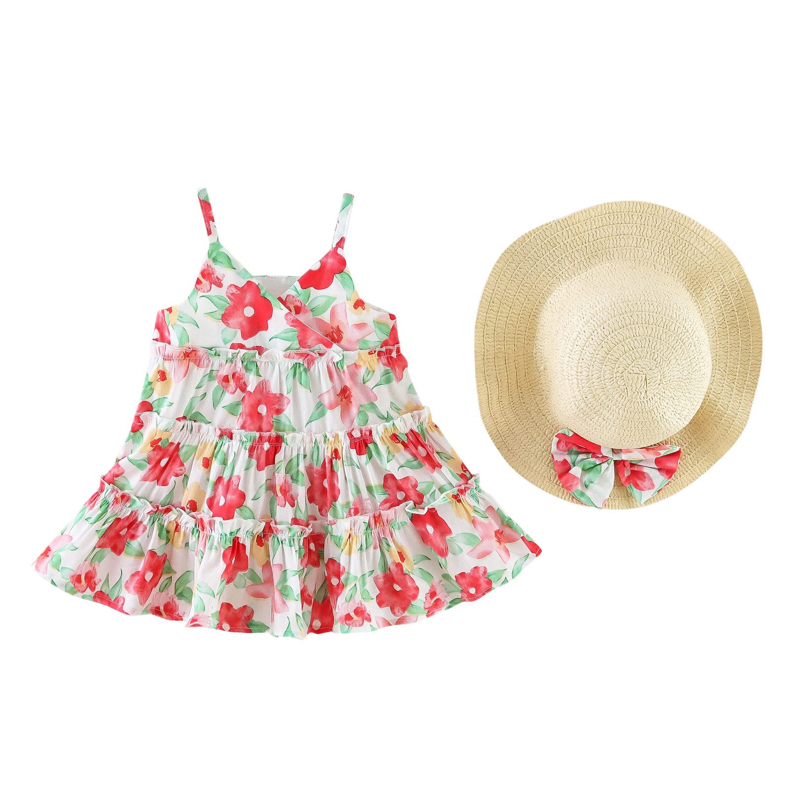 **Toddler Girls Floral Princess Dress Set - Sleeveless Beach Party Dress with Hat for Kids, Infants & Toddlers | Perfect for Birthday Parties, Beach Outings & Special Occasions**