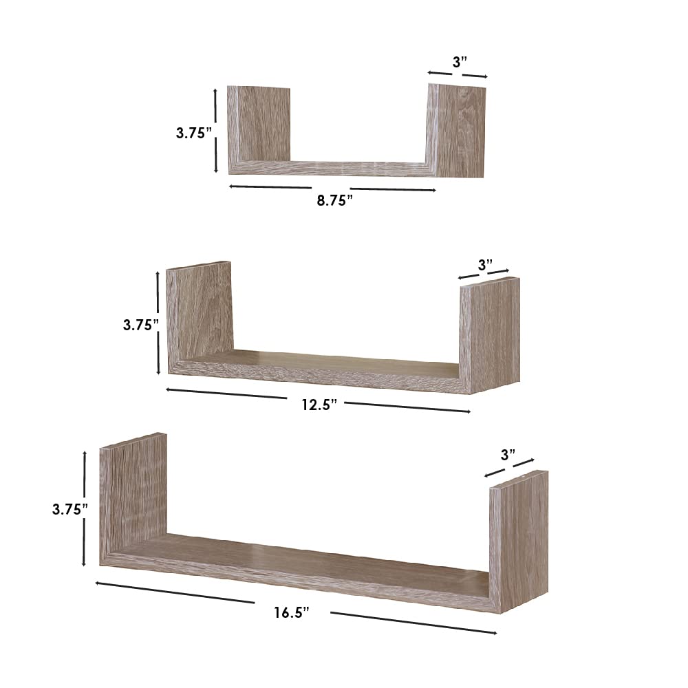 Durable Floating Wood Shelves Set of 3 - Solid Oak Wall Shelves for Living Room, Bedroom, Kitchen Storage & Decor