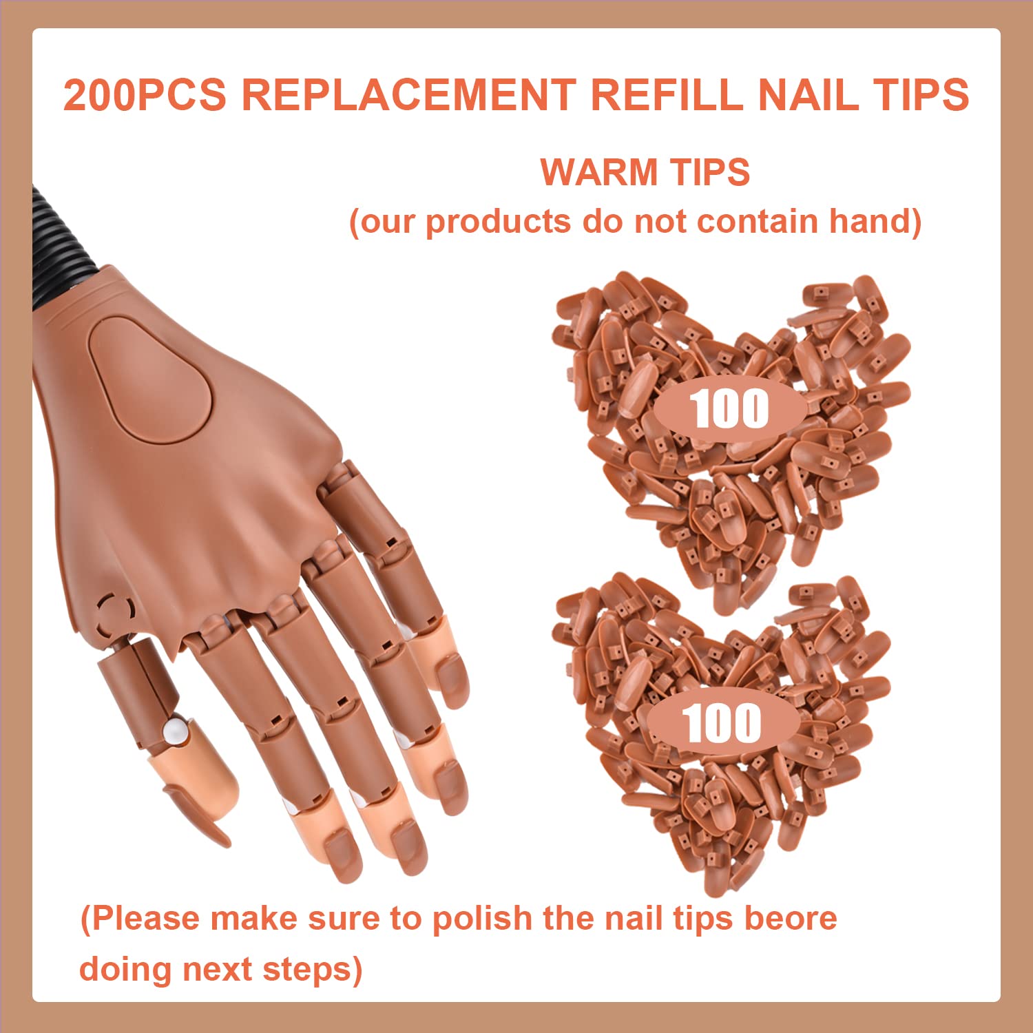 MEKK 200PCS Brown False Nail Tips for Nail Practice Hand - Refill Nail Tips for Manicure Training, DIY Nail Art & Professional Practice | Perfect for Nail Salons, Beauty Schools & Home Use