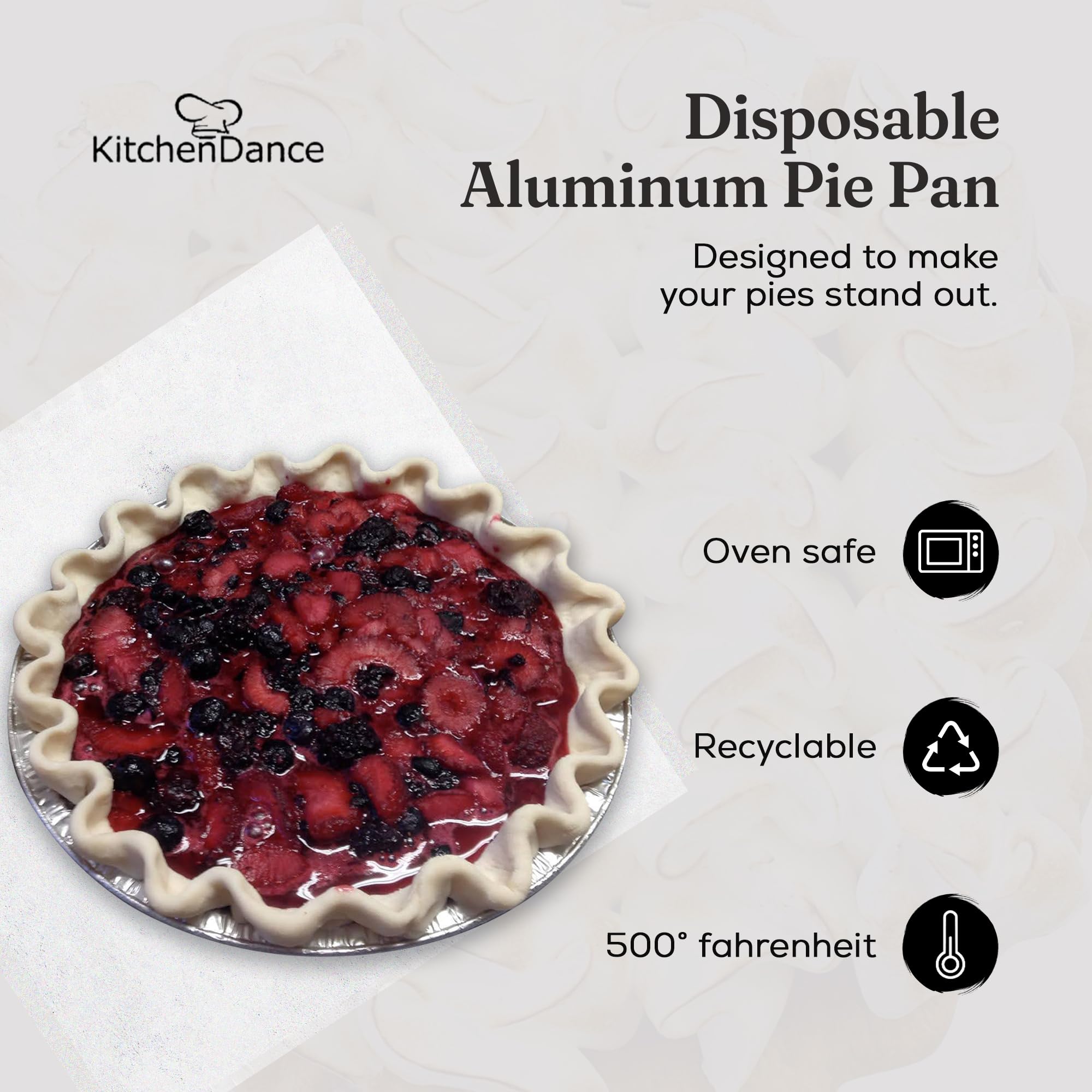 KitchenDance 9-Inch Disposable Aluminum Pie Pans - Heavy Duty Round Foil Baking Pans for Pies, Quiches & Desserts - Pack of 500 (Reusable for Baking, Cooking & Meal Prep) - Perfect for Home Bakers, Catering & Holiday Cooking