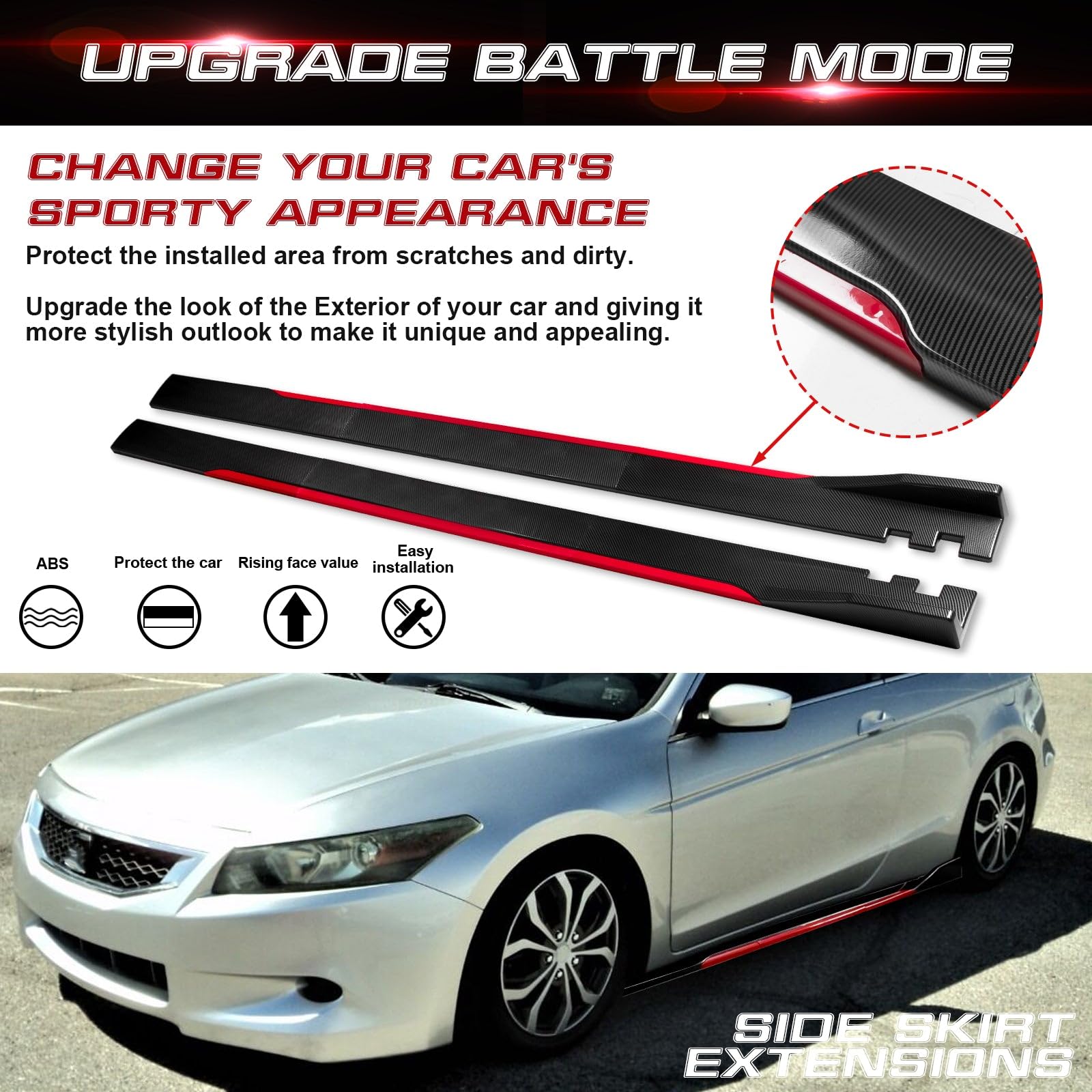 Universal Fit Car Side Skirts - Rocker Panel Protector with Splitter Winglets & Diffuser Bottom Line Extension Body Kit | Durable Automotive Styling Upgrade for Sedans, Coupes & Sports Cars | Street Racing & Show Car Enhancement
