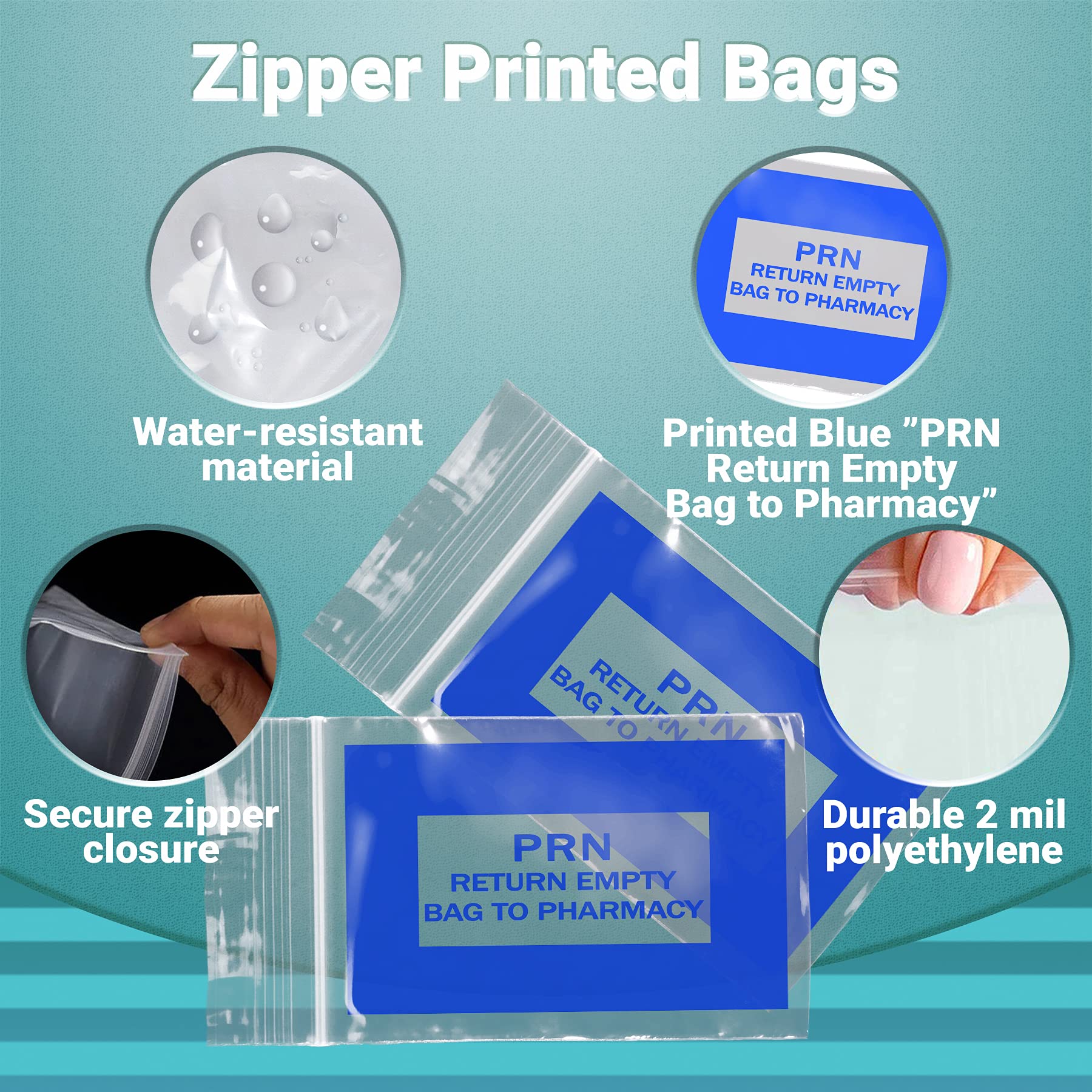 1000 Pack Blue PRN Bags 3x4 Inch - 2 Mil Thick Clear Zipper Printed Polyethylene Bags with Secure Seal Closure | Medical Storage Bags for Pharmacy, Infirmary, Hospital & Home Healthcare Supplies