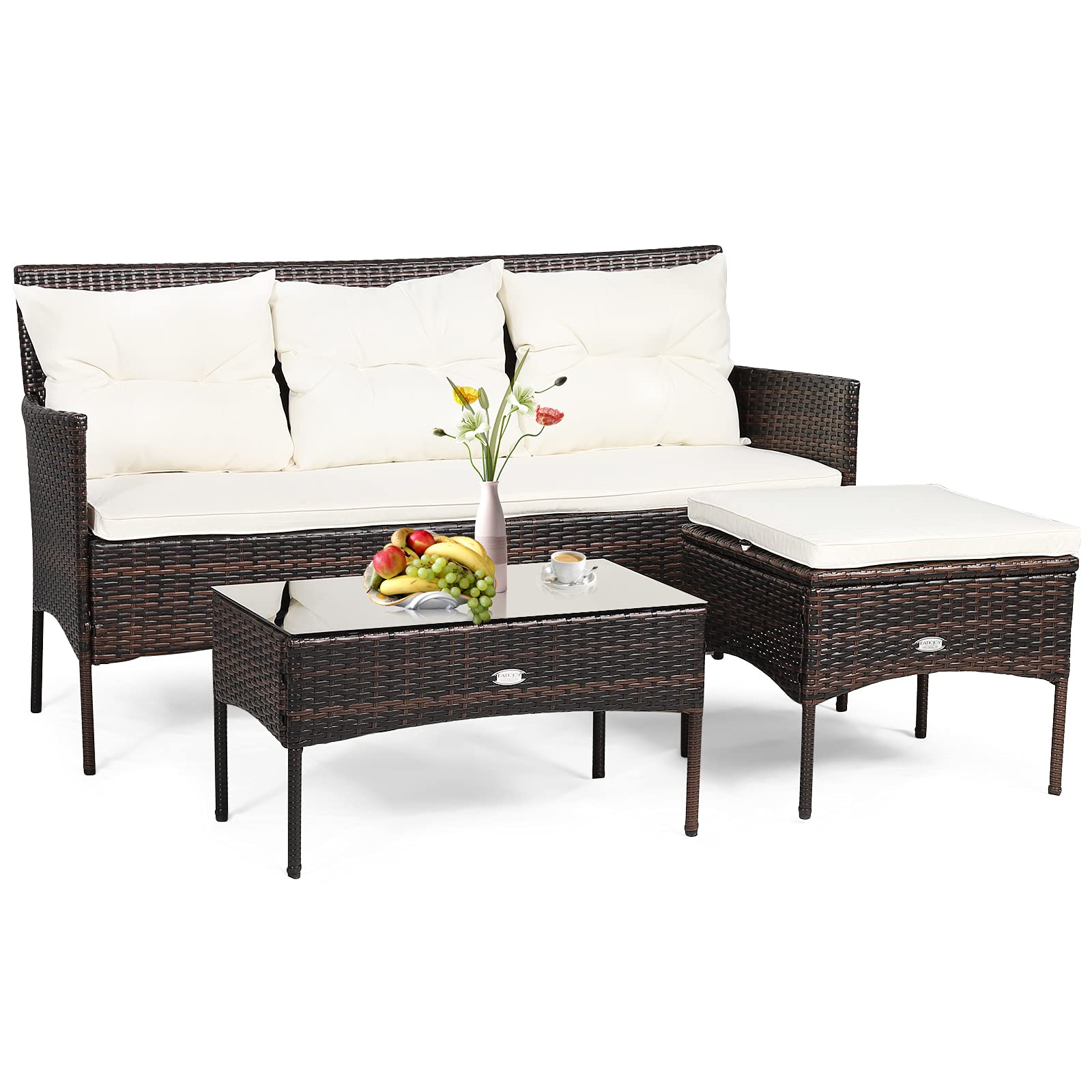 RELAX4LIFE 3-Piece Outdoor Patio Furniture Set with Rattan Wicker Sectional Sofa, 5 Comfortable Cushions & Tempered Glass Coffee Table - Perfect for Poolside, Garden, Balcony or Backyard (Beige & Brown)