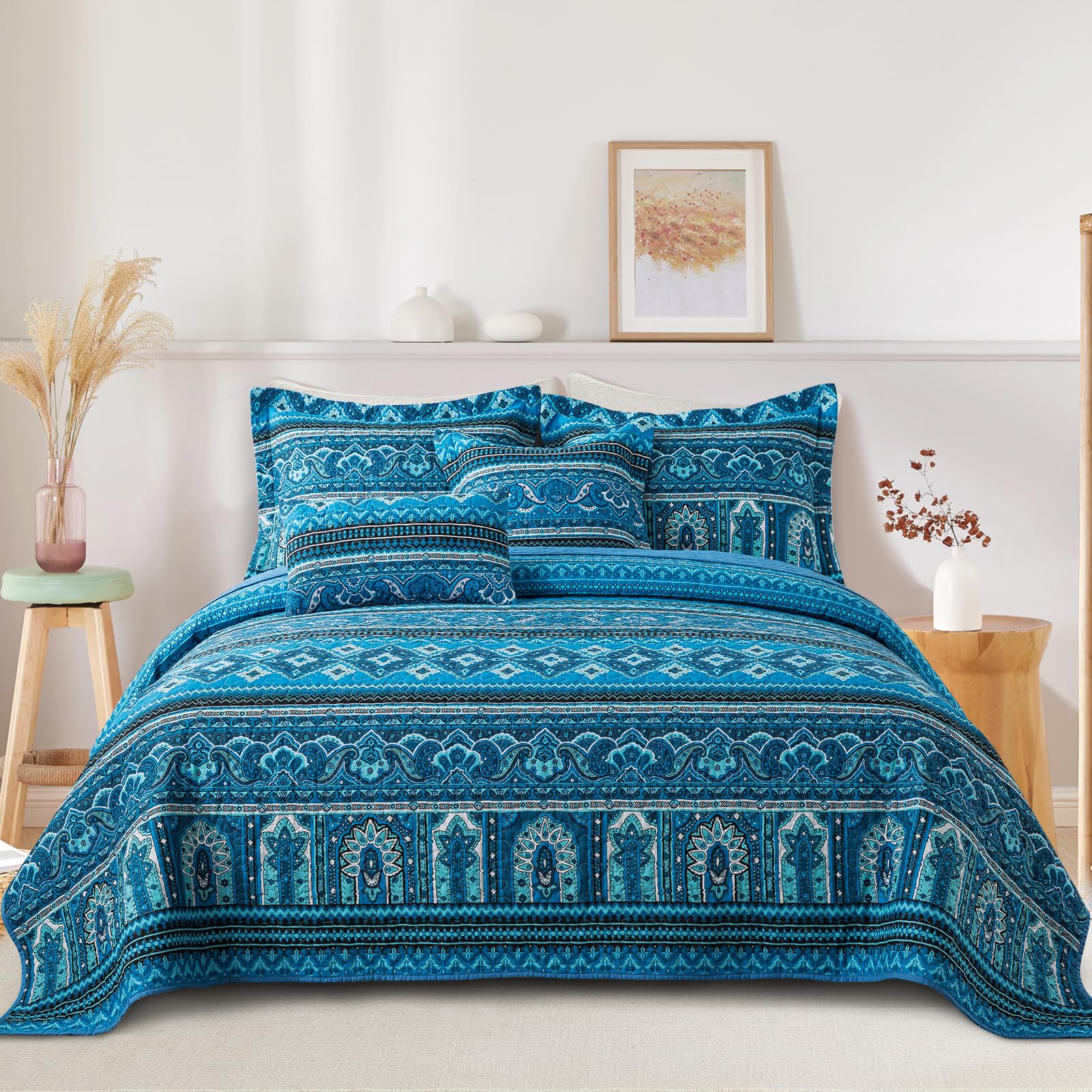 Queen Size Cotton Quilt Bedding Set - Lightweight Boho Bedspread, 3-Piece Quilt Set (90x98 Inch) for All Seasons | Perfect for Bedroom Decor, Guest Room & Cozy Home Styling
