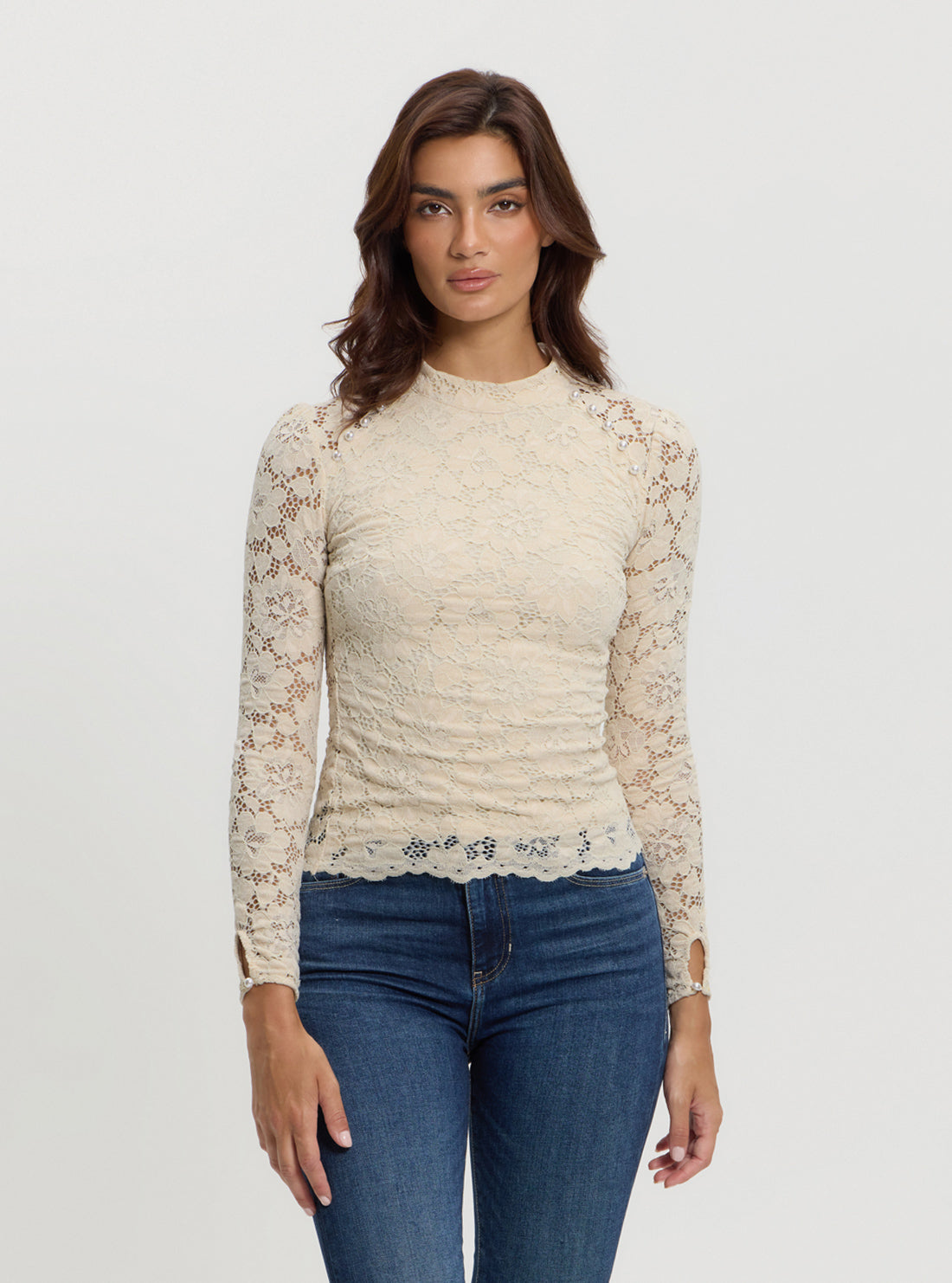 Elegant Beige Josephine Lace Blouse for Women - Romantic Floral Embroidered Tops for Date Night & Special Occasions