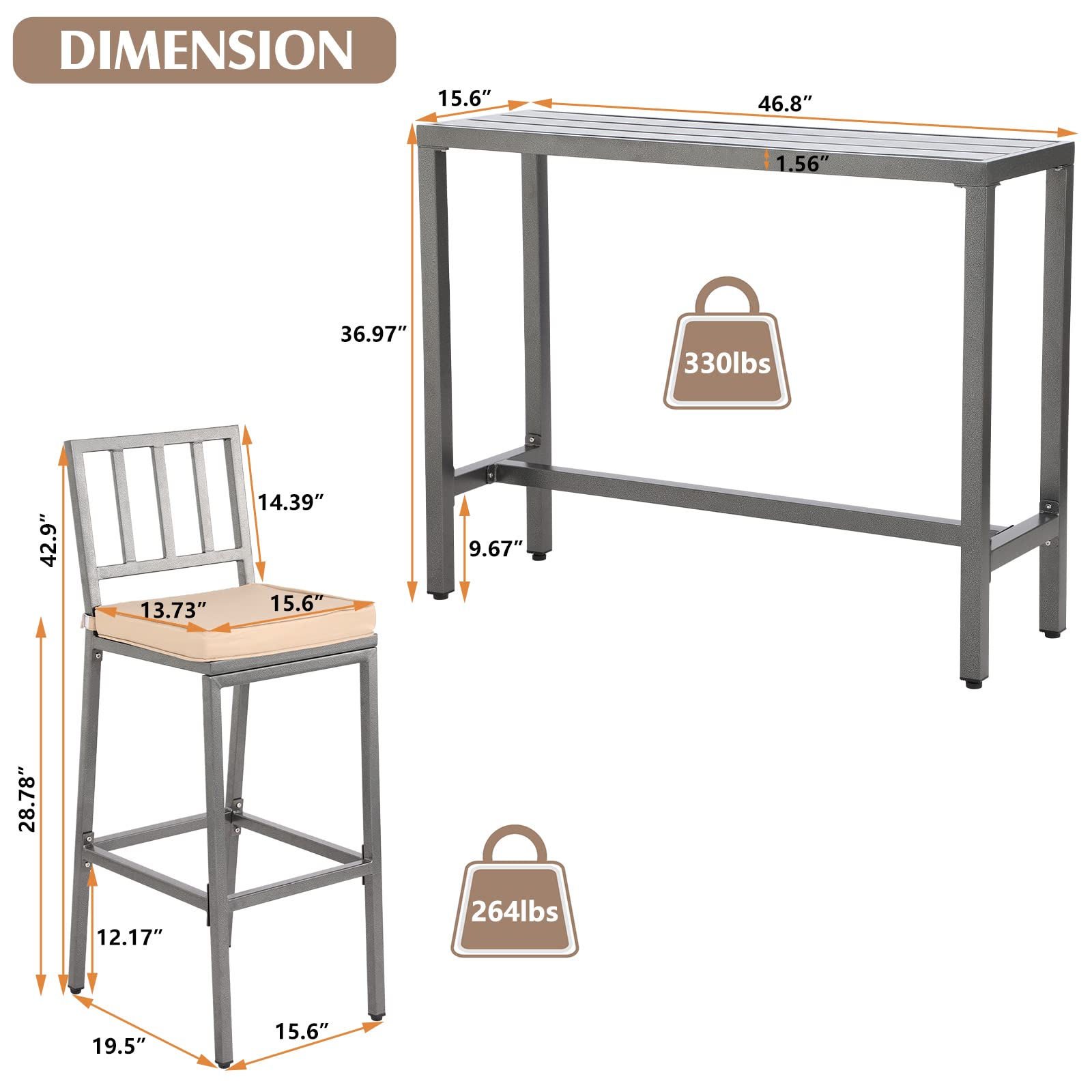 Premium 3-Piece Metal Outdoor Bar Set with Table & Cushioned Stools - 47