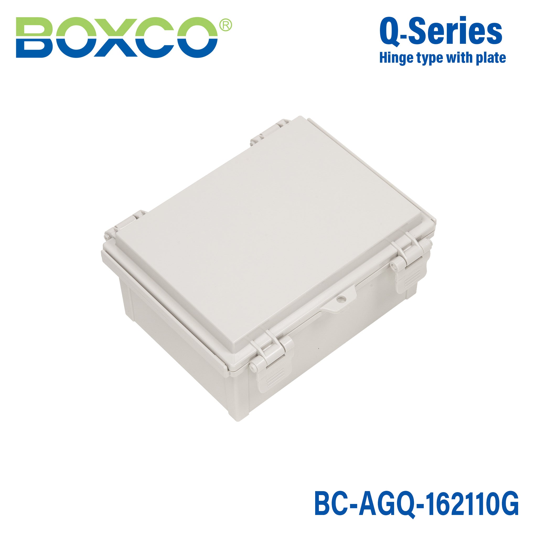 Boxco Q Series 6.30 x 8.27 x 3.94 Inches (160 x 210 x 100mm) Waterproof Plastic Enclosure - IP67 Rated, IK08 Impact Resistant, ABS Material, Grey Hinged Cover with Mounting Plate - Ideal for Outdoor Electronics, Industrial Control Boxes & Electrical Equipment Protection