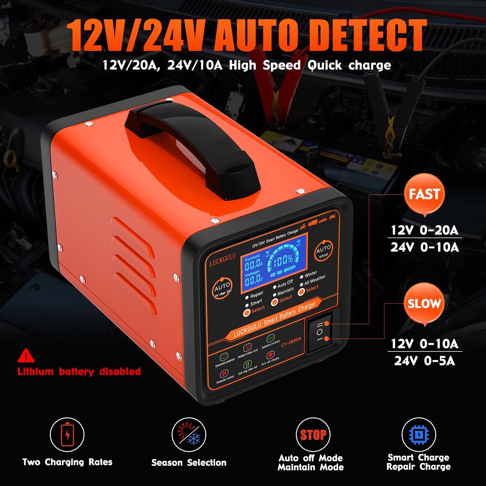 12V/24V Smart Car Battery Charger with Auto Shutoff - for Cars, Boats, Motorcycles