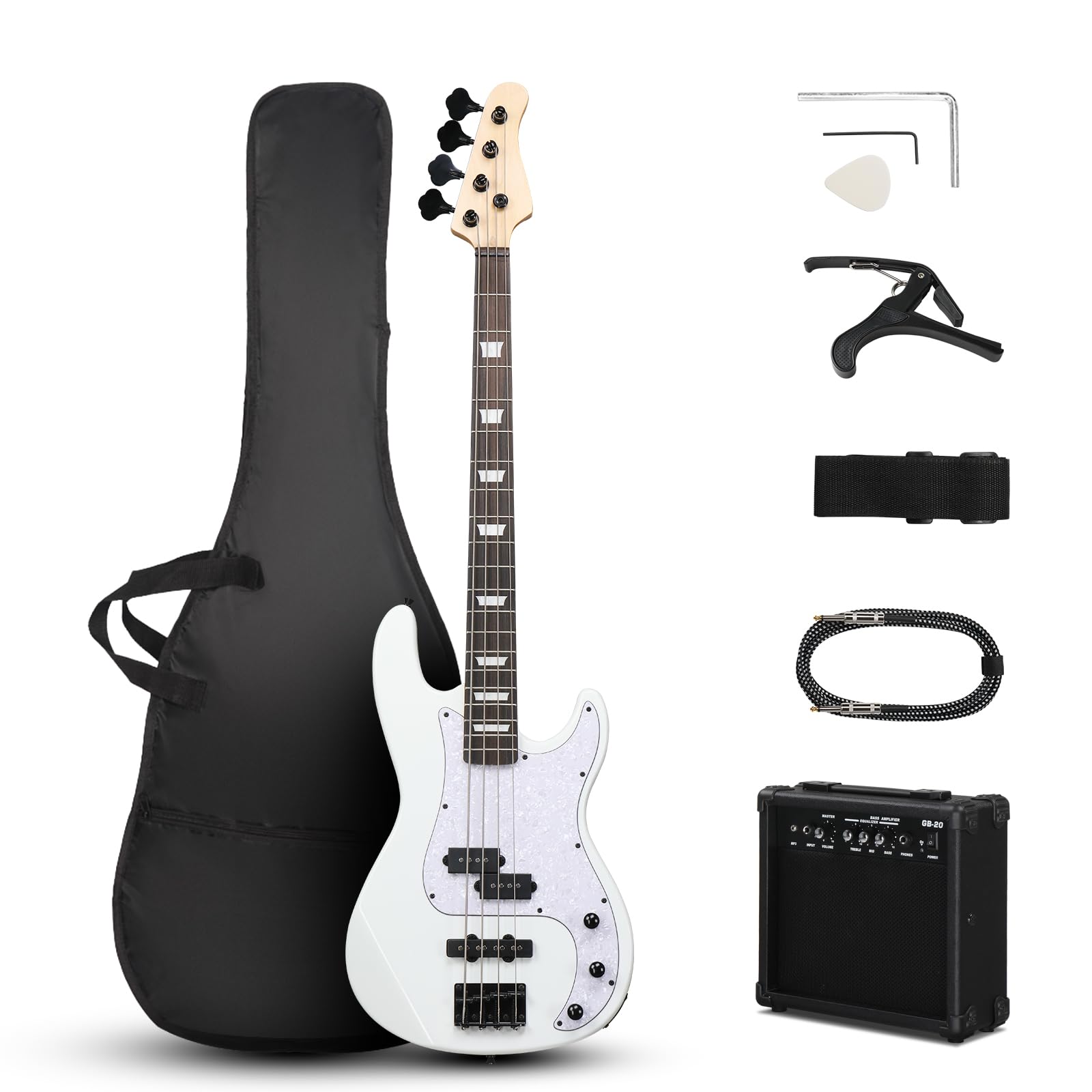 Ktaxon 4-String Electric Bass Guitar Kit - Full Size PB-Style Right-Handed Beginner Bass with 20W Amp, Gig Bag, Strap, Upgraded Cable & Capo for Adults & Teens (White) | Perfect for Home Practice, Studio Recording & Live Performances