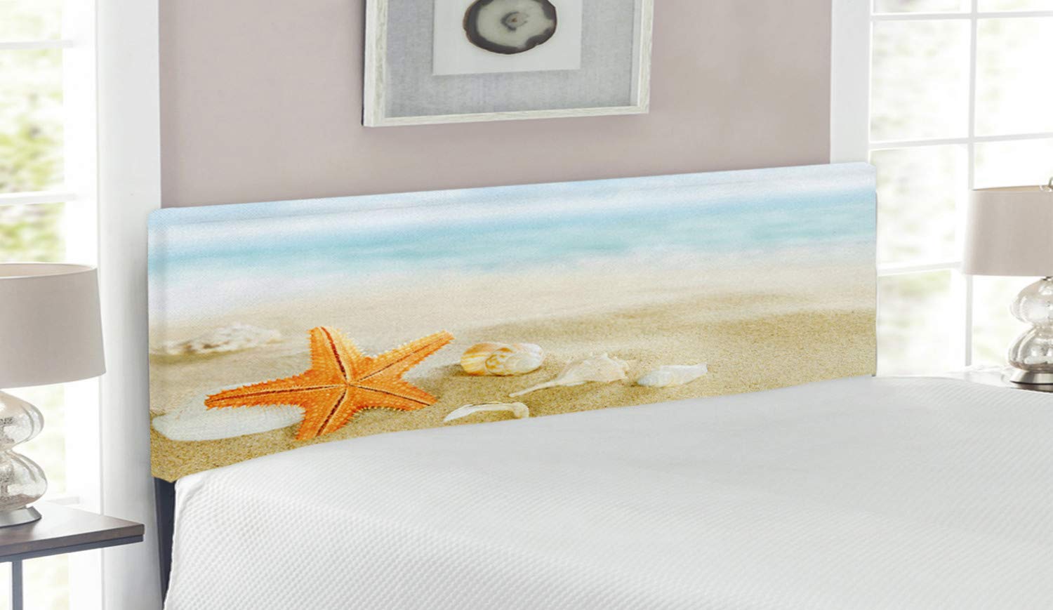 Ambesonne Starfish Upholstered Headboard - Tropical Caribbean Seacoast Design with Shells & Marine Life, Queen Size Metal Bed Headboard with Memory Foam, Multicolor Coastal Decor for Beach House & Vacation Home Bedroom