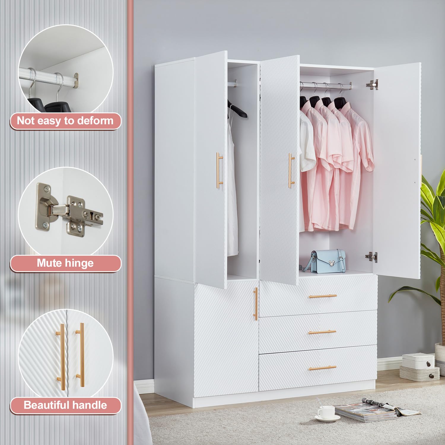 White Armoire Wardrobe Closet Cabinet - 3 Doors & 3 Drawers with Hanging Rod, Large Storage (47.3