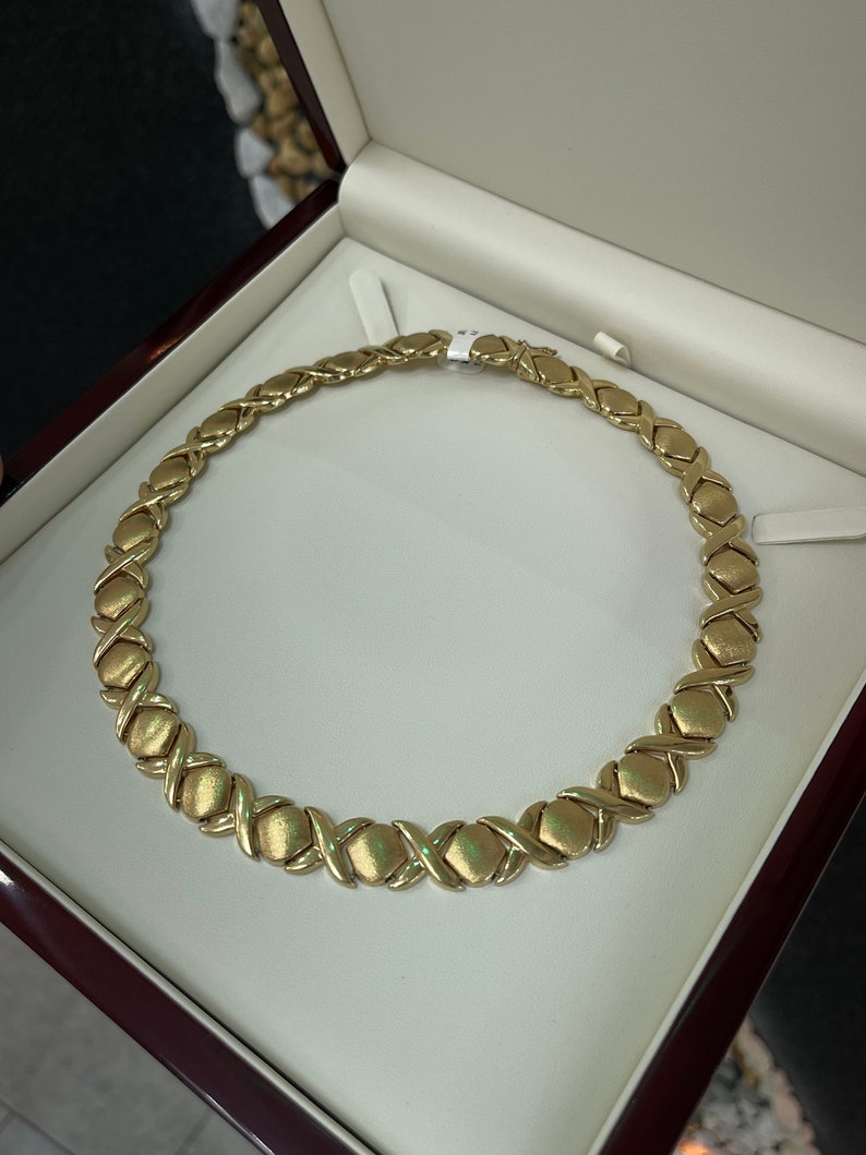 14K Solid Yellow Gold XOXO Statement Necklace - 13.35MM Irregular Chain Pattern for Women, Gift for Her, Valentine's Day, Anniversary, Birthday, Party Wear