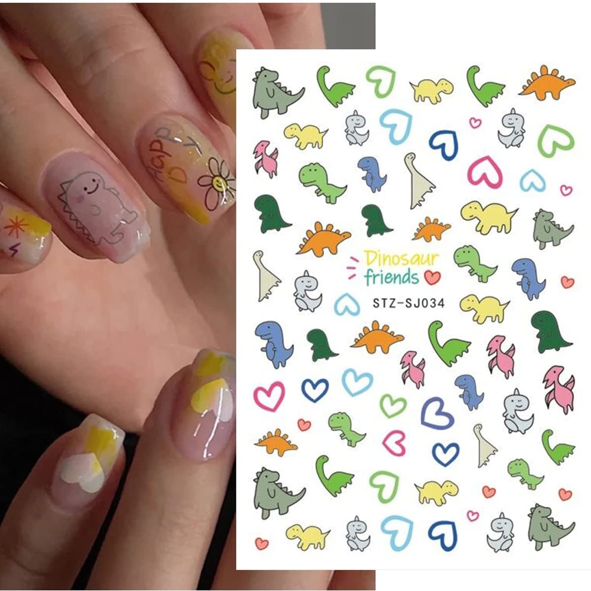 6 Sheets Cute Dinosaur Nail Stickers - 3D Cartoon Self-Adhesive Nail Decals for Women & Girls | Nail Art Supplies with Heart & Dinosaur Designs | Perfect for Manicure, Parties, and DIY Nail Decoration
