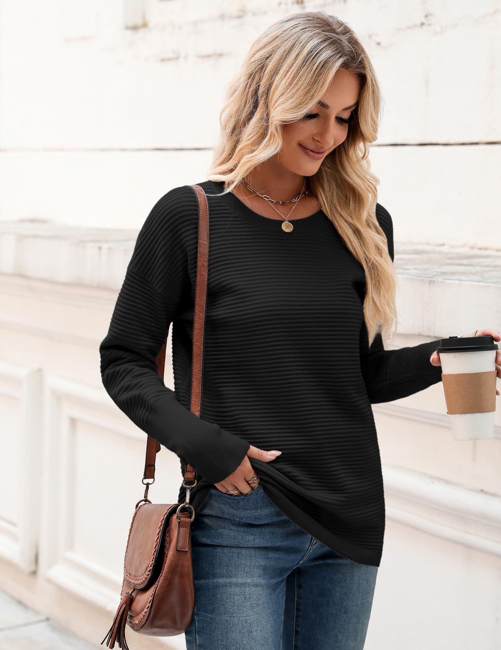 Zeagoo Women's 2025 Fall Knit Sweater - Casual Long Sleeve Crew Neck Ribbed Pullover with Side Slit | Perfect for Office, Date Night & Autumn Outfits
