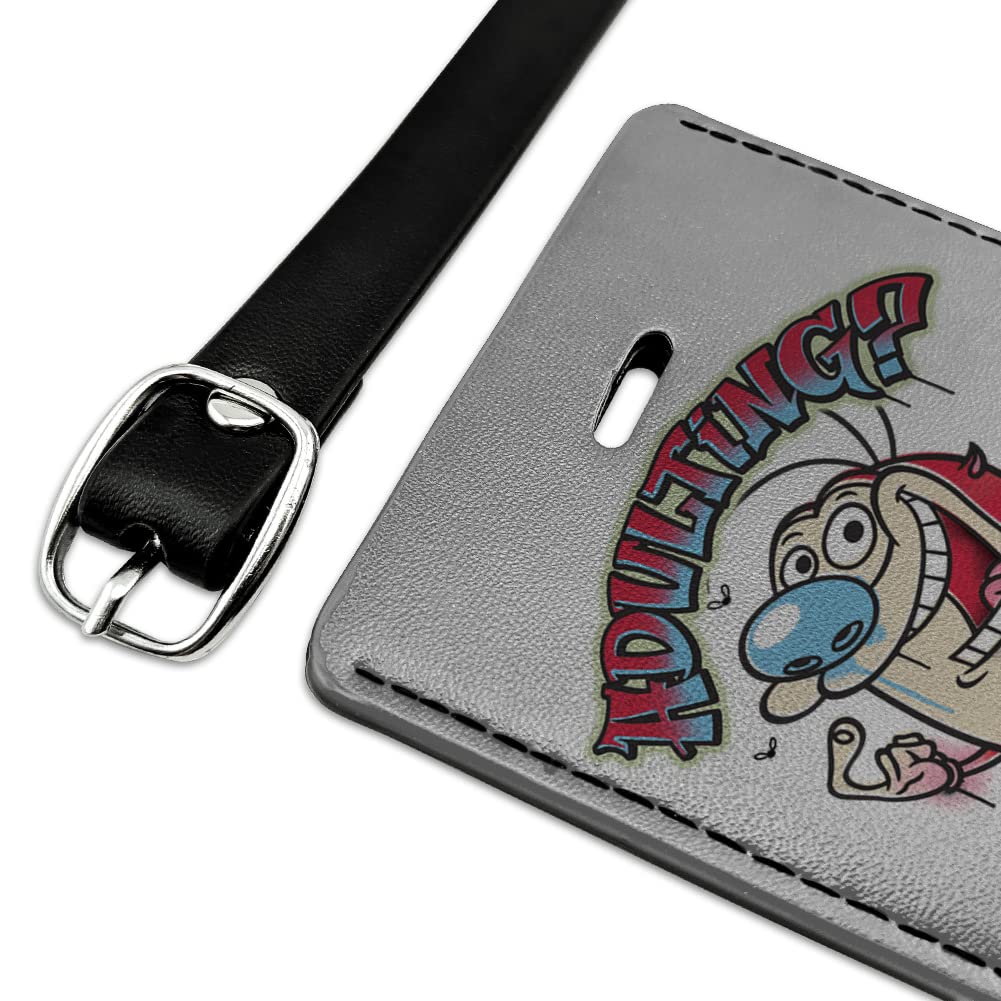 Ren and Stimpy 'Adulting What's That?' Rectangle Leather Luggage Tag - Vintage Cartoon Inspired ID Card Holder for Travel Bags, Suitcases & Backpacks | Perfect Gift for 90s Nostalgia Fans