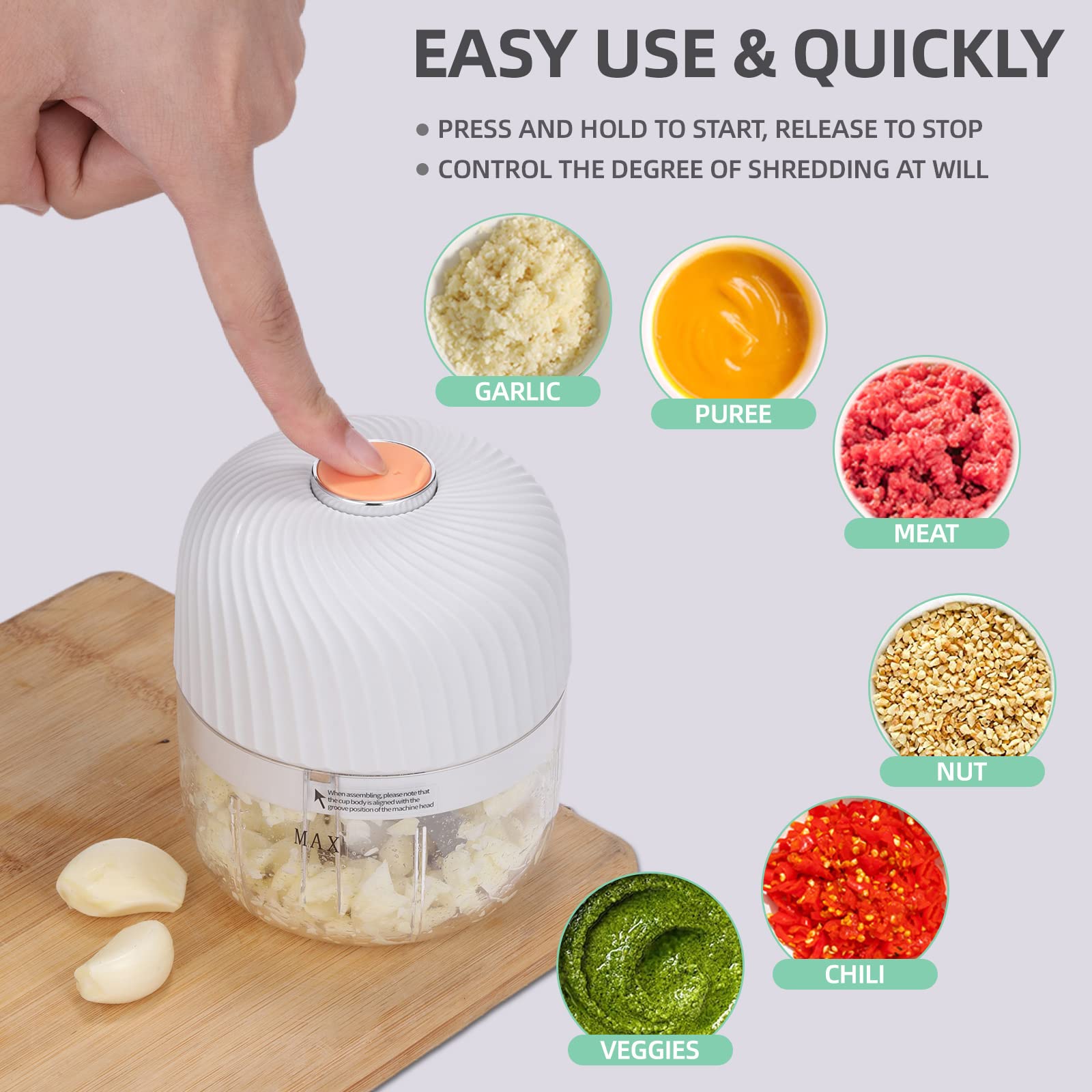 Electric Garlic Chopper & Vegetable Chopper - 350ML Cordless Food Processor for Ginger, Onion, Chili, Fruit, Meat & Spices | Portable Blender for Kitchen, Camping & Meal Prep | Easy Clean & Quick Chop