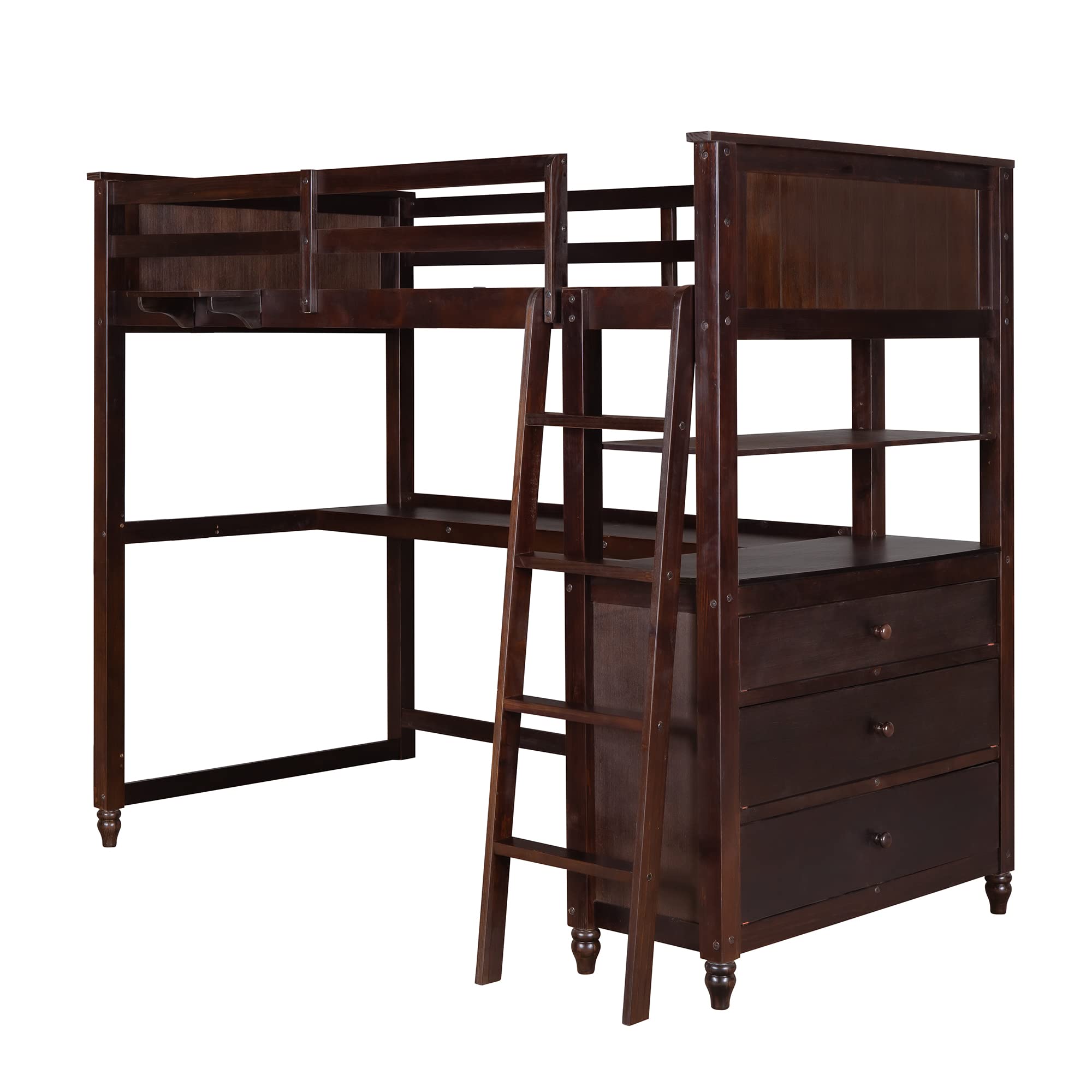 MERITLINE Twin Size Wooden Loft Bed with Desk, Dresser & Storage Drawers - Space-Saving Kids & Teens Bedroom Furniture for Boys & Girls - No Box Spring Needed - Espresso Finish - Perfect for Small Rooms, Dorms & Shared Spaces