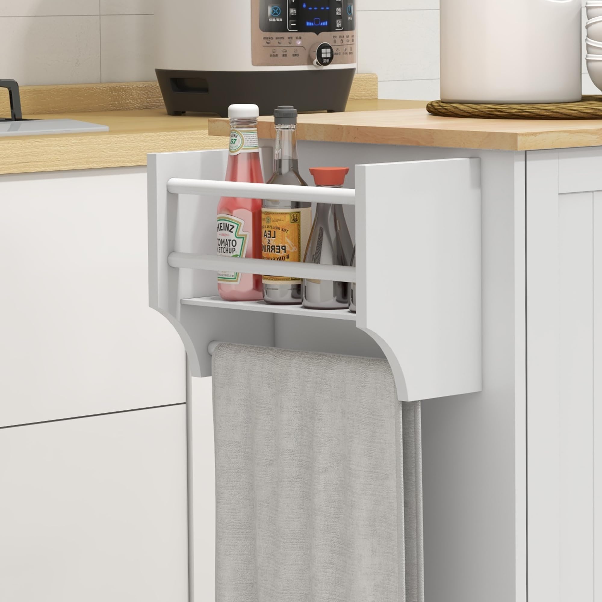 HOMCOM White Kitchen Island Cart on Wheels with Rubberwood Top - Rolling Kitchen Storage Cabinet with Drawer, Spice Rack, Towel Rack & Adjustable Shelves - Perfect for Small Kitchens, Apartments & Food Prep Stations