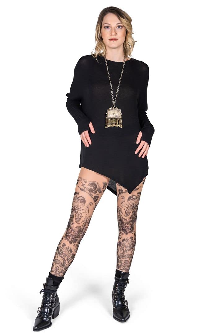 Wild Rose Women's Dragon Tattoo Mesh Leggings - Sexy High Waist Yoga Pants with Floral Print for Workout, Gym, Dance & Casual Wear (Tan)