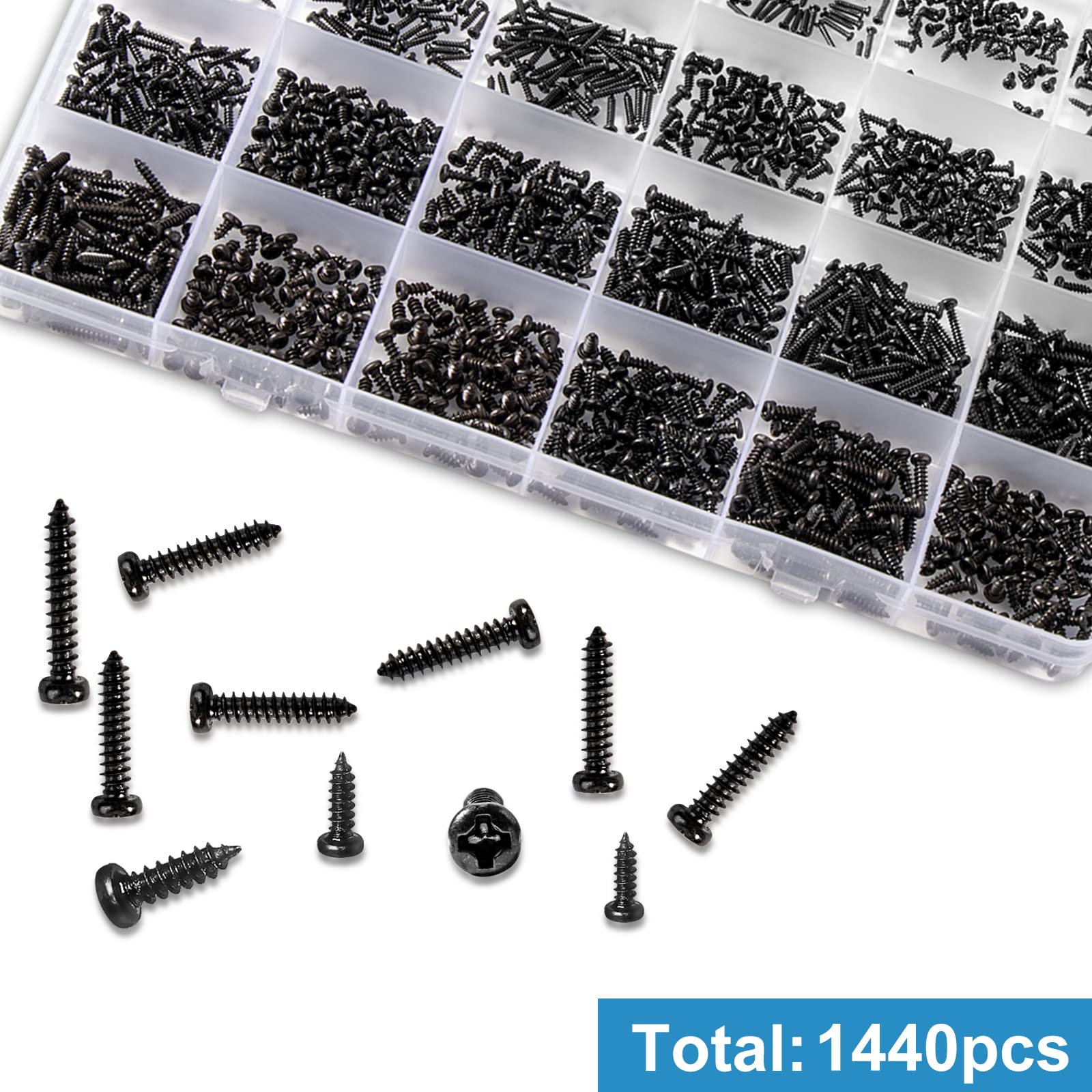 1440Pcs Black Small Self Tapping Screws - M1.2 to M2.3 Phillips Pan Head Micro Screws (24 Size Assortment Kit) for Electronics, DIY Projects, Phone & Laptop Repairs