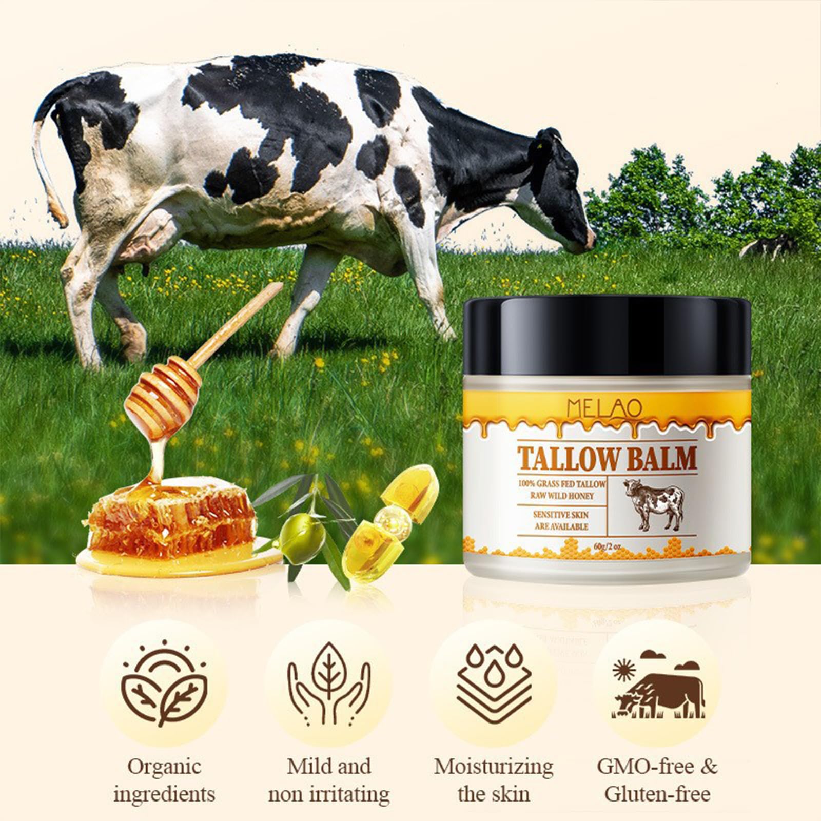 Organic Grass-Fed Beef Tallow Balm with Raw Honey - Natural Face & Body Moisturizer for Sensitive Skin | Tallow and Honey Cream for Dry Skin Care | Hydrating Skin Treatment for Eczema & Dermatitis Relief | Perfect for Daily Skincare Routine & Nighttime Hydration