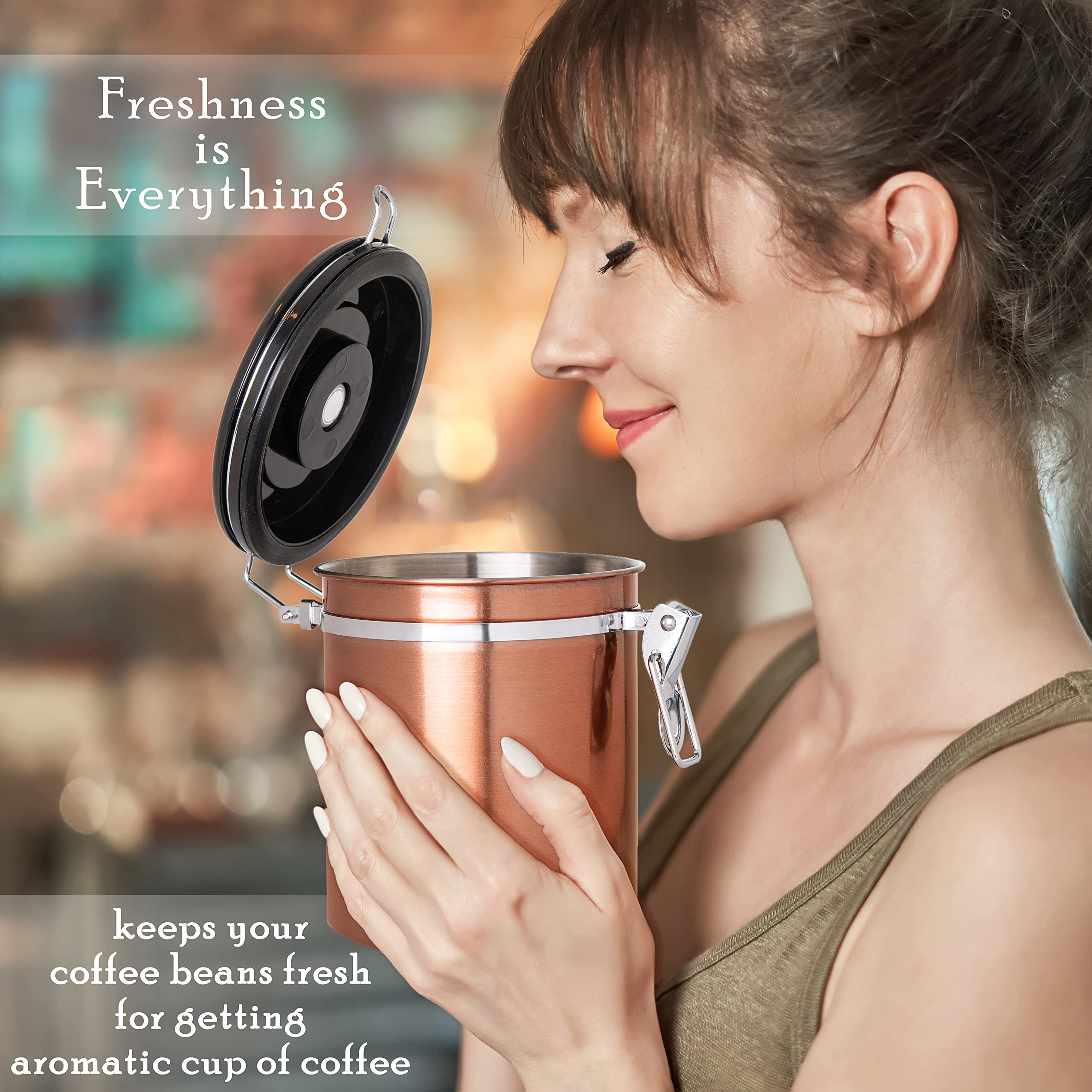 Mixpresso Bronze Stainless Steel Airtight Coffee Container with Date Tracker - 16oz Vacuum Sealed Storage Jar for Coffee Beans, Grounds & Tea - Perfect for Kitchen Countertop, Pantry or Office Use
