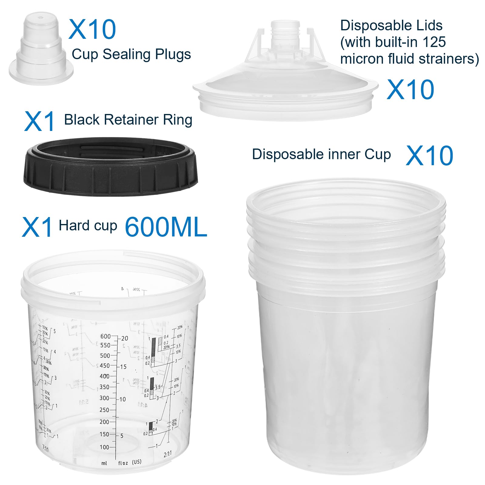 10 Pack 20oz (600ml) Paint Spray Gun Cups with Lids & Strainers - Includes 10 Disposable Liners, 1 Hard Cup with Retainer Ring & 10 Plugs - Perfect for Automotive, Woodworking & DIY Spray Painting Projects