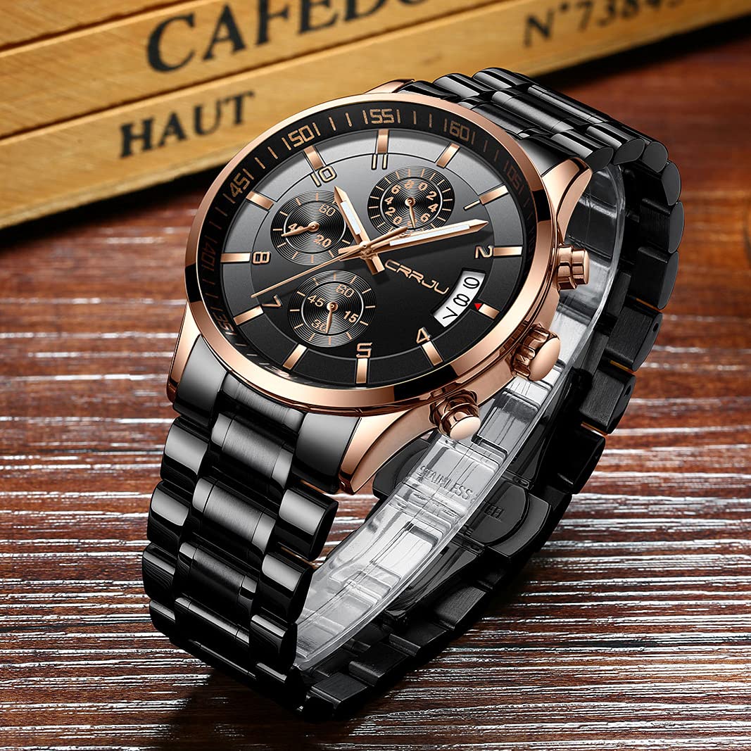 CRRJU Men's Stainless Steel Chronograph Watch with Date Display - Waterproof Fashion Wristwatch for Business, Casual & Outdoor Activities - Durable Metal Band for Daily Wear
