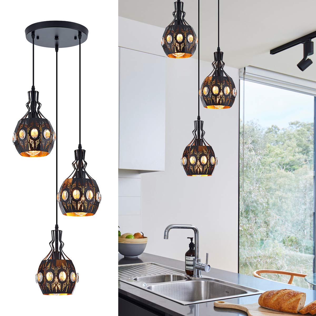 YLONG-ZS 3-Light Vintage Industrial Pendant Lighting - Farmhouse Rustic Metal Caged Ceiling Light Fixture for Dining Room, Kitchen, Bar, Cafe & Hotel Decor | Perfect for Farmhouse, Industrial & Loft Style Interiors