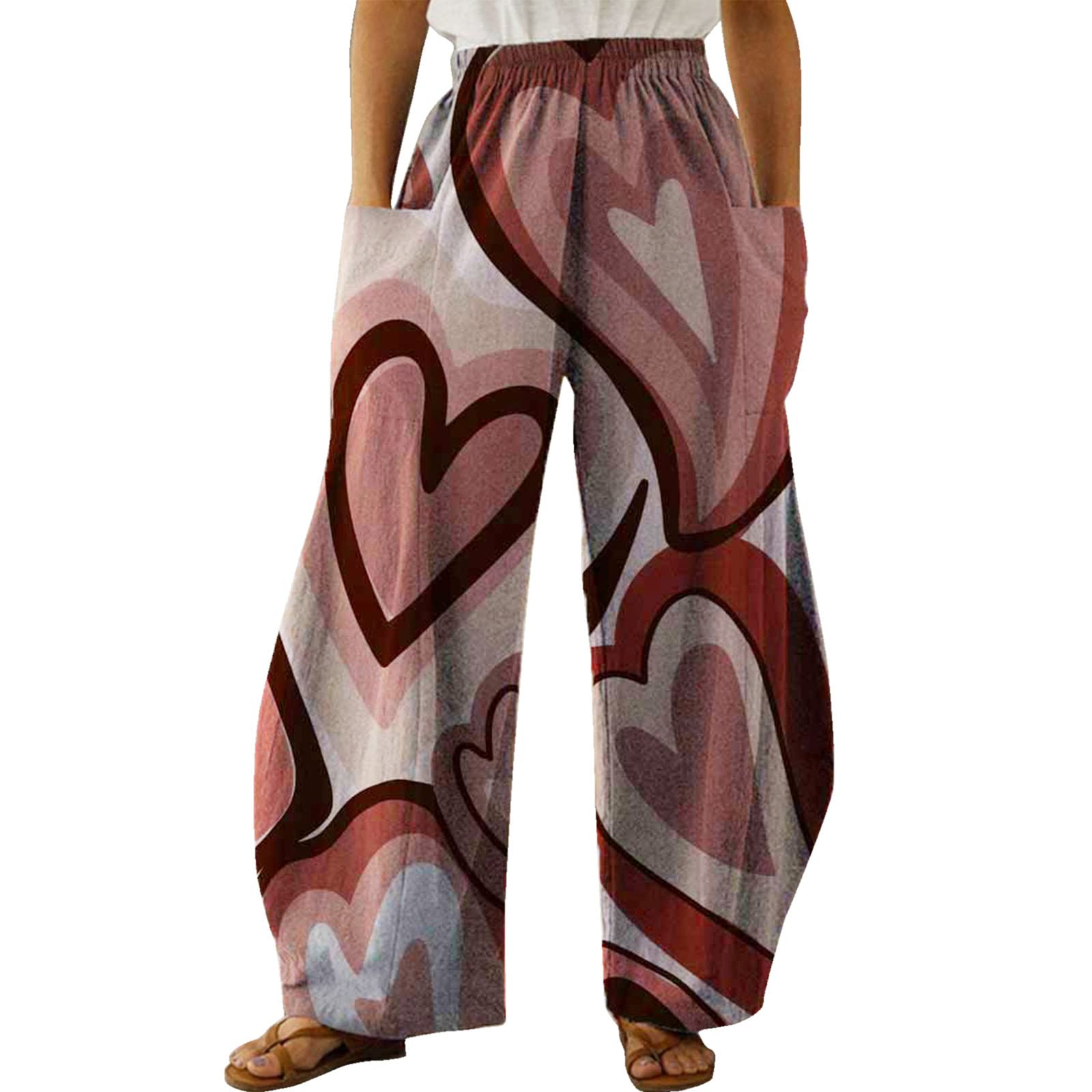 Women's High Waist Elastic Waistband Pants with Pockets - Comfortable Loose Fit Printed Sports & Work Pants for Office Casual Wear | Perfect for Yoga, Running, Gym & Everyday Outfits