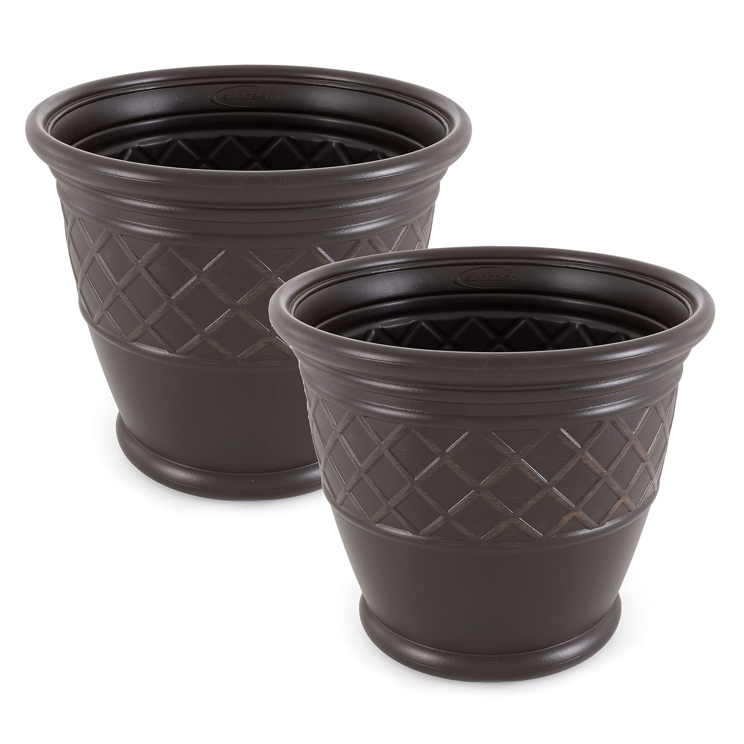 Suncast Atlin 18 Inch Resin Round Decorative Flower Pot Planter, Java (2 Pack) - Indoor/Outdoor Garden Decor for Patio, Balcony & Home