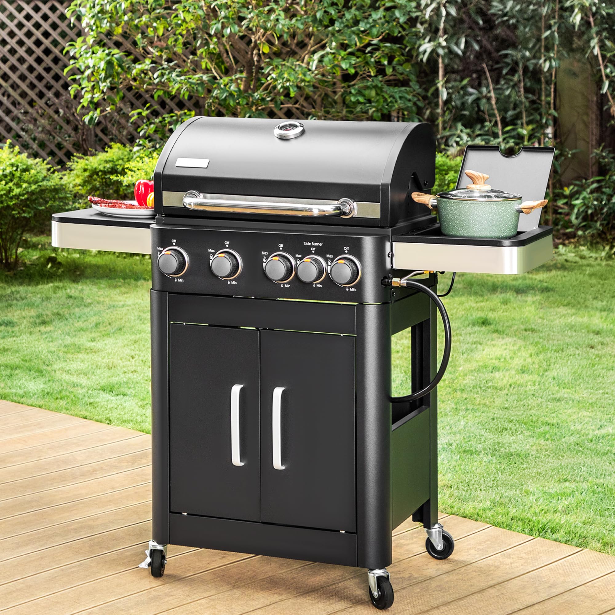 2 in 1 Propane Gas BBQ Grill with Side Burner & Porcelain-Enameled Cast Iron Grate - 4-Burner Flat Top Grill, 46,700 BTU Outdoor Barbecue Griddle Combo - Perfect for Camping, Patio, Backyard, Tailgating & Family Gatherings