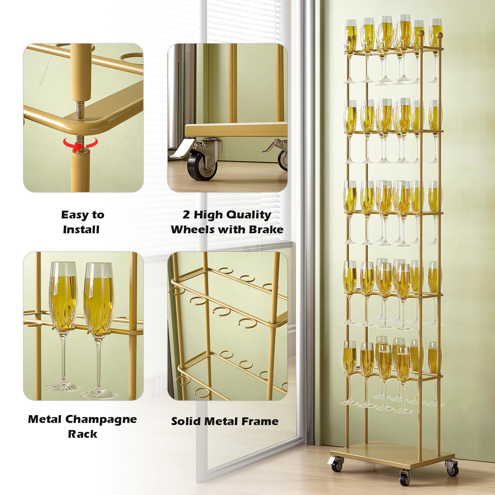 5-Tier Metal Champagne Wall Holder - Sturdy Wine Glass Stemware Rack for Parties & Events | Holds Up to 40 Champagne Flutes | Perfect for Weddings, Birthday Celebrations & Home Bar Decor
