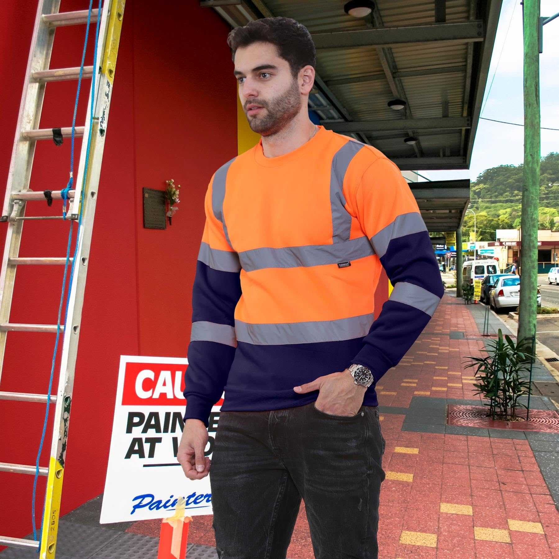 Janisramone Men's High Visibility Reflective Fleece Sweatshirt - Hi-Viz Safety Workwear for Construction, Jogging & Night Outdoor Activities