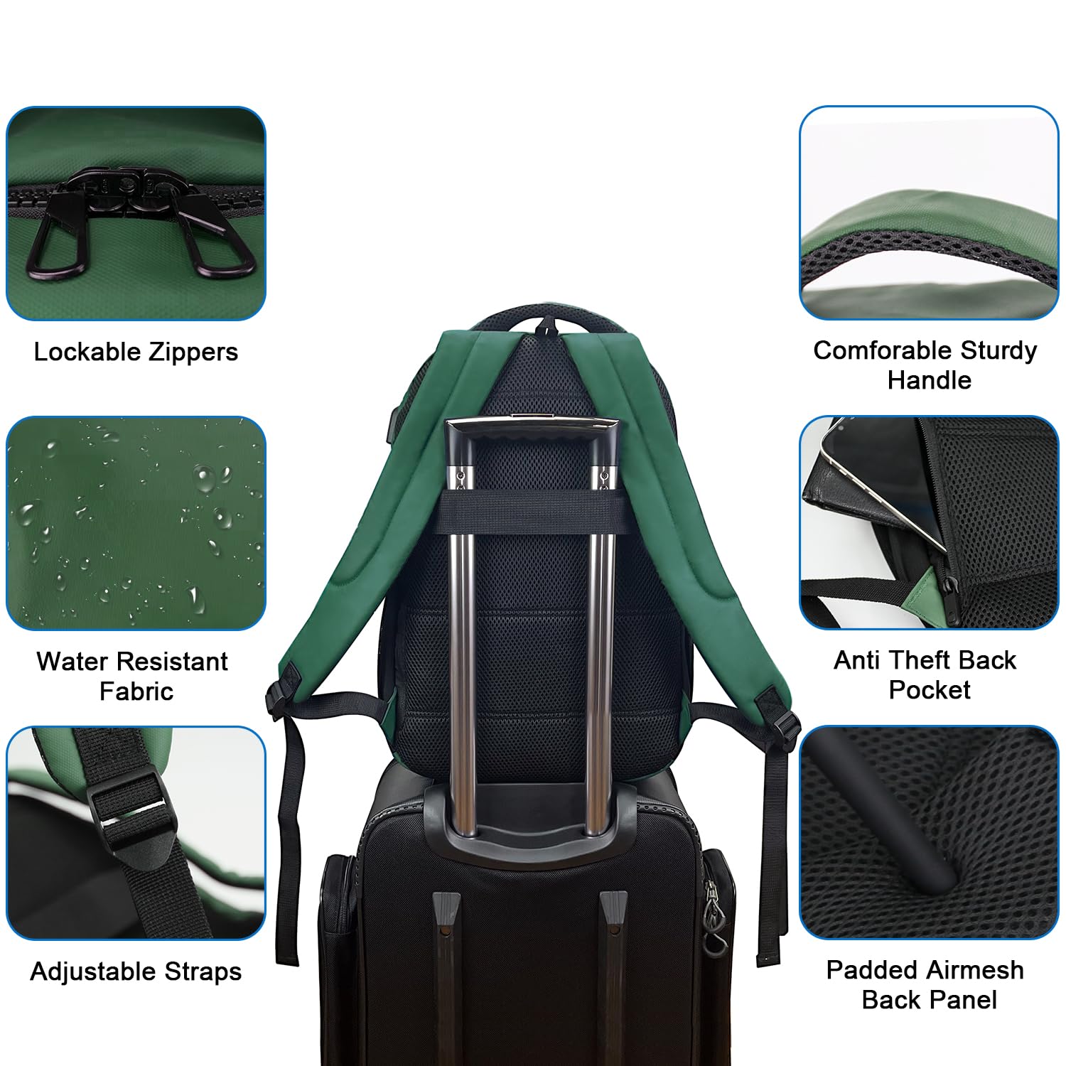 WOLT 15.6-17 Inch Laptop Backpack for Men & Women - Flight Approved Travel Backpack with USB Charging Port & Computer Compartment - Durable College Bookbag for Work, School & Business Travel (Green)