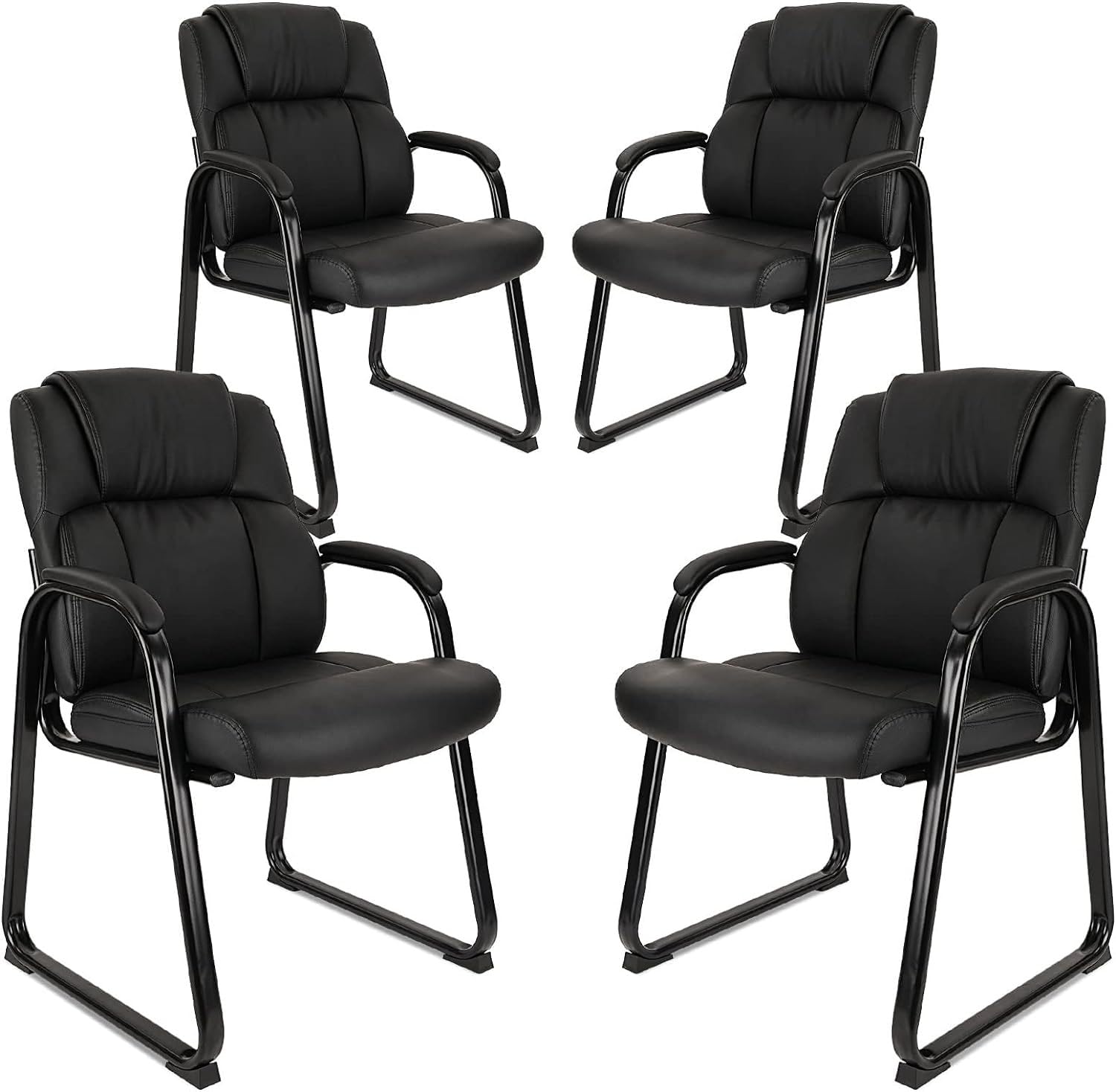 CLATINA Office Guest Chair - Leather Reception Chair with Padded Armrests, Sled Base, No Wheels - Set of 4 Black - Perfect for Conference Rooms, Waiting Areas & Home Offices