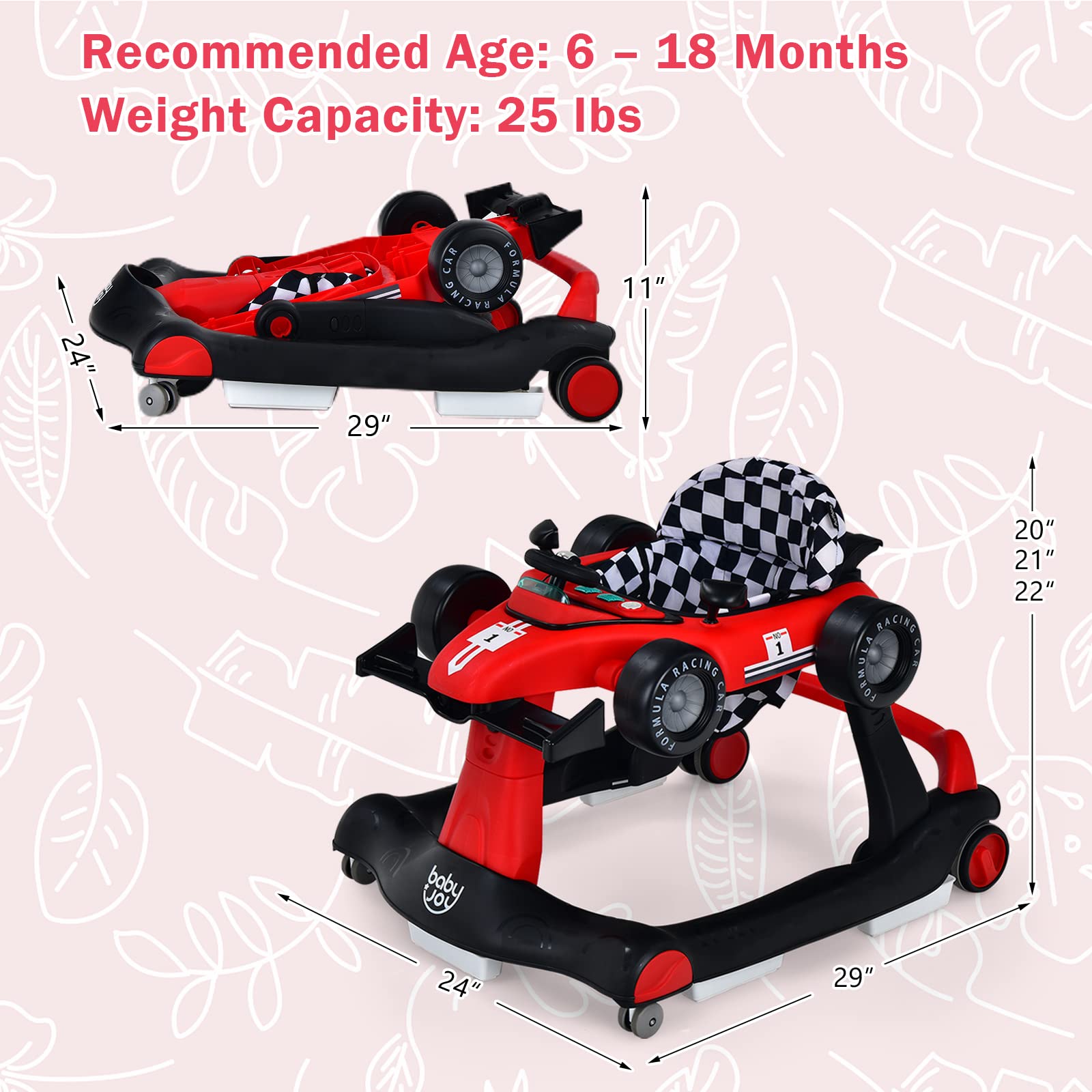 BABY JOY 4-in-1 Foldable Baby Activity Walker with Adjustable Height & Speed - Musical Light-Up Push Walker Toy with Anti-Rollover Wheels for Toddlers 6-18 Months (Red) | Perfect for Learning to Walk, Indoor Play & Early Development