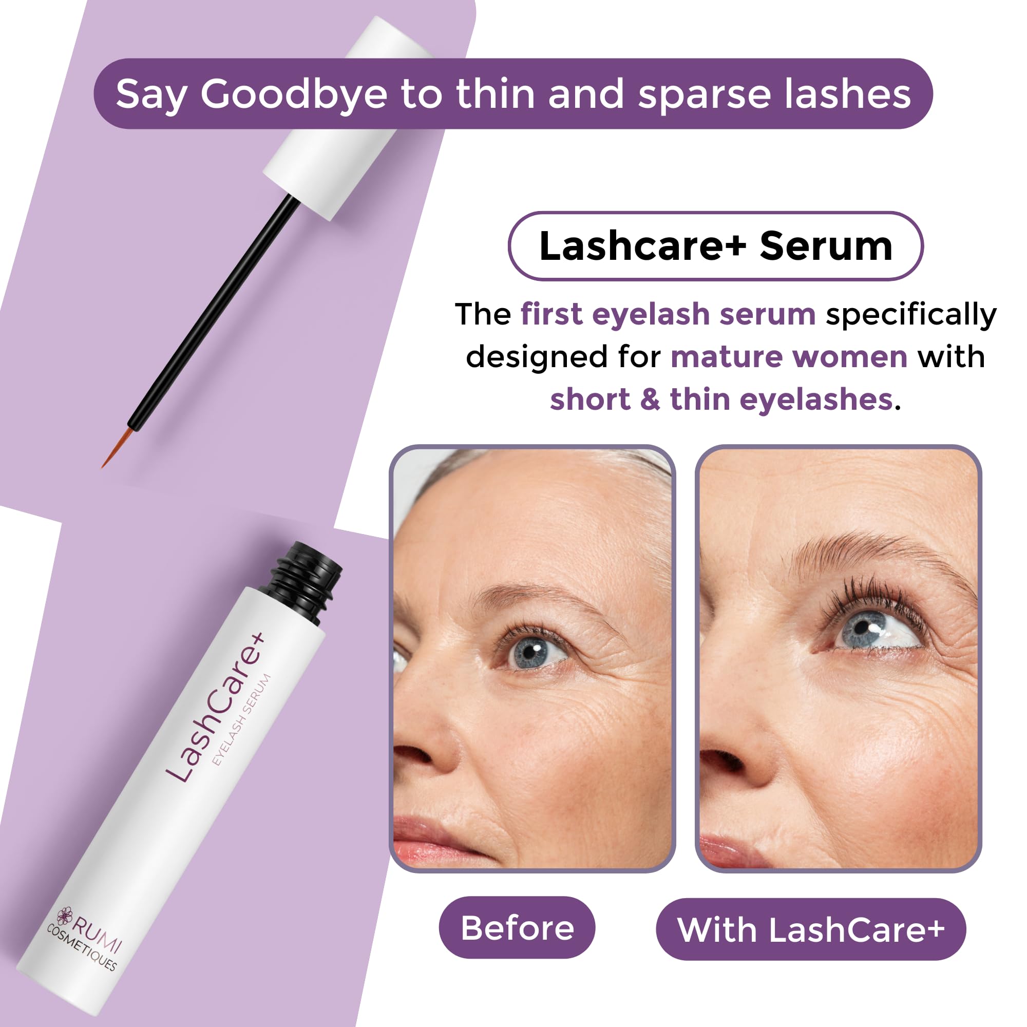 LashCare+ Eyelash Growth Serum for Women - Natural & Safe Formula for Longer, Thicker Lashes in 12 Weeks - Hypoallergenic for Sensitive Eyes - Eyelash Conditioner & Enhancer (1mL / 1 Month Supply) - Perfect for Daily Use & Special Occasions