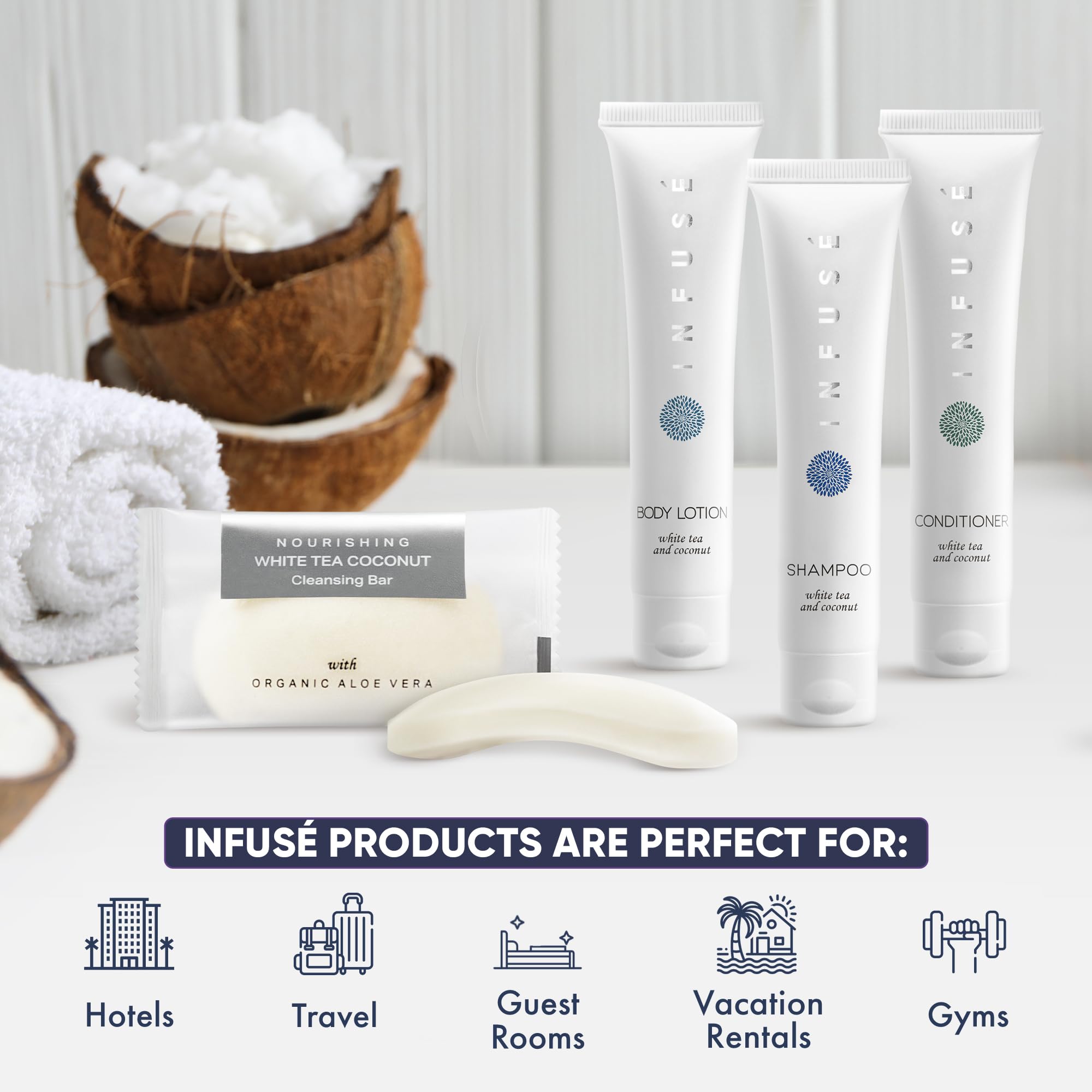 Infuse Soaps & Toiletries Bulk Set - 200 Pieces Travel Size Amenities Kit with 1 oz Shampoo, Conditioner, Lotion & 40g Bar Soap | Perfect for Hotels, Vacation Rentals, Spas & Guest Bathrooms | Eco-Friendly Hospitality Essentials