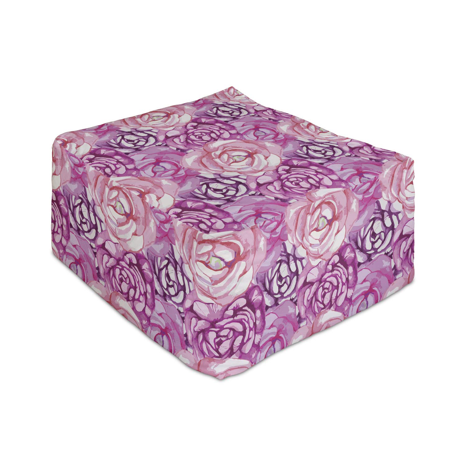 Ambesonne Floral Rectangle Pouf Ottoman - Vintage Rose Bloom Petals Print Foot Stool with Removable Cover, 25 Inch, Fuchsia Magenta | Under Desk Footrest for Living Room, Office & Bedroom | Perfect Home Decor Accent for Relaxation and Comfort